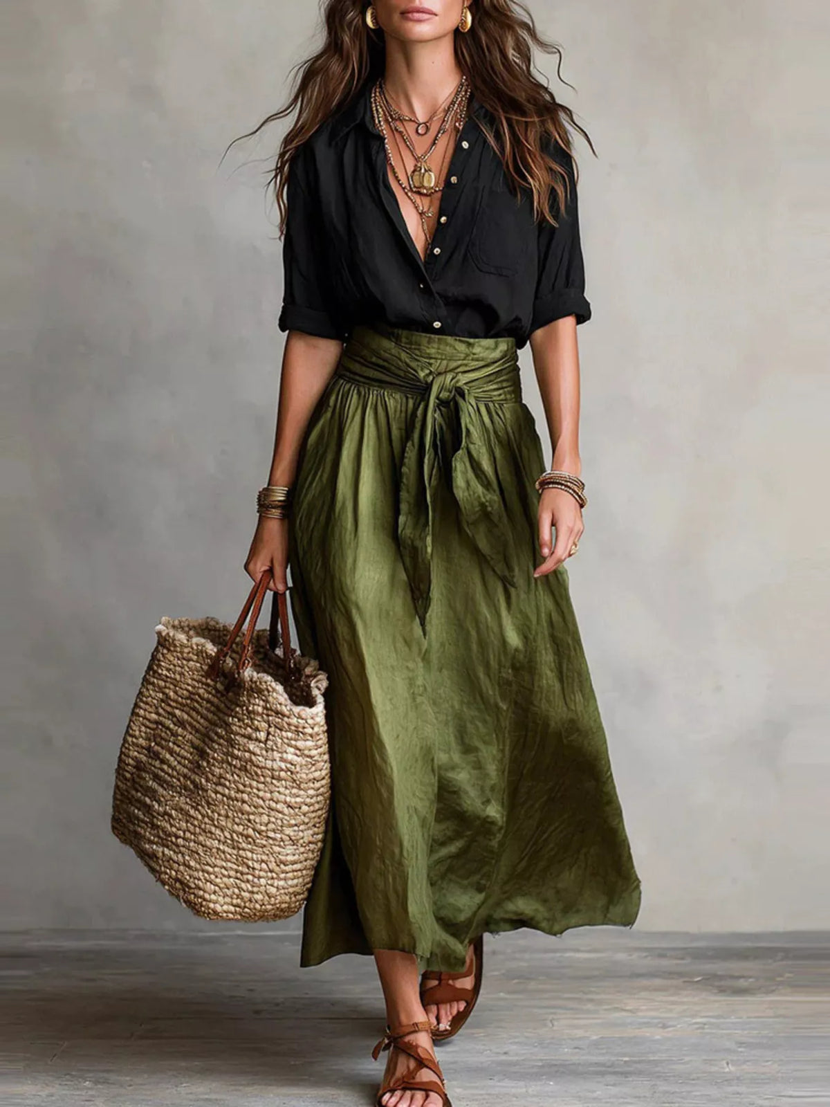 Trendsi Button-Down Shirt and High-Waisted Tie-Front Maxi Skirt Set -