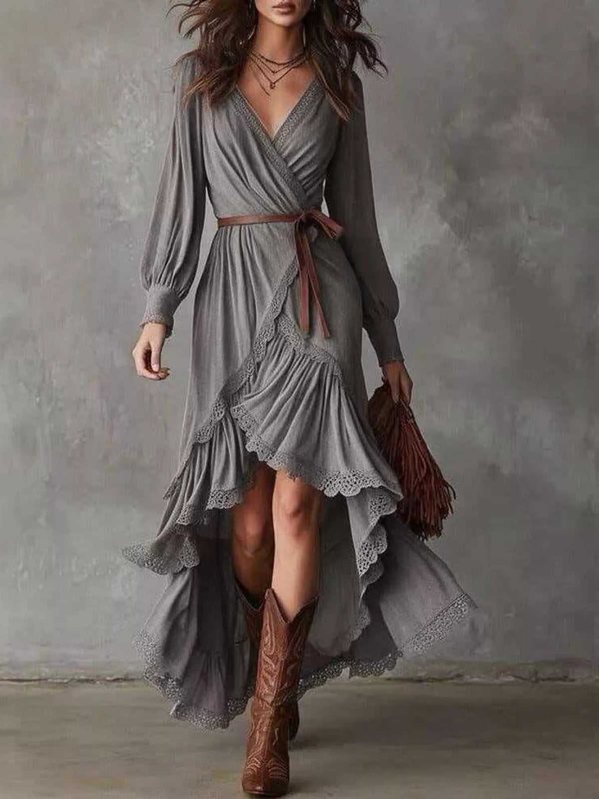 High-Low Hem Surplice Dress in gray