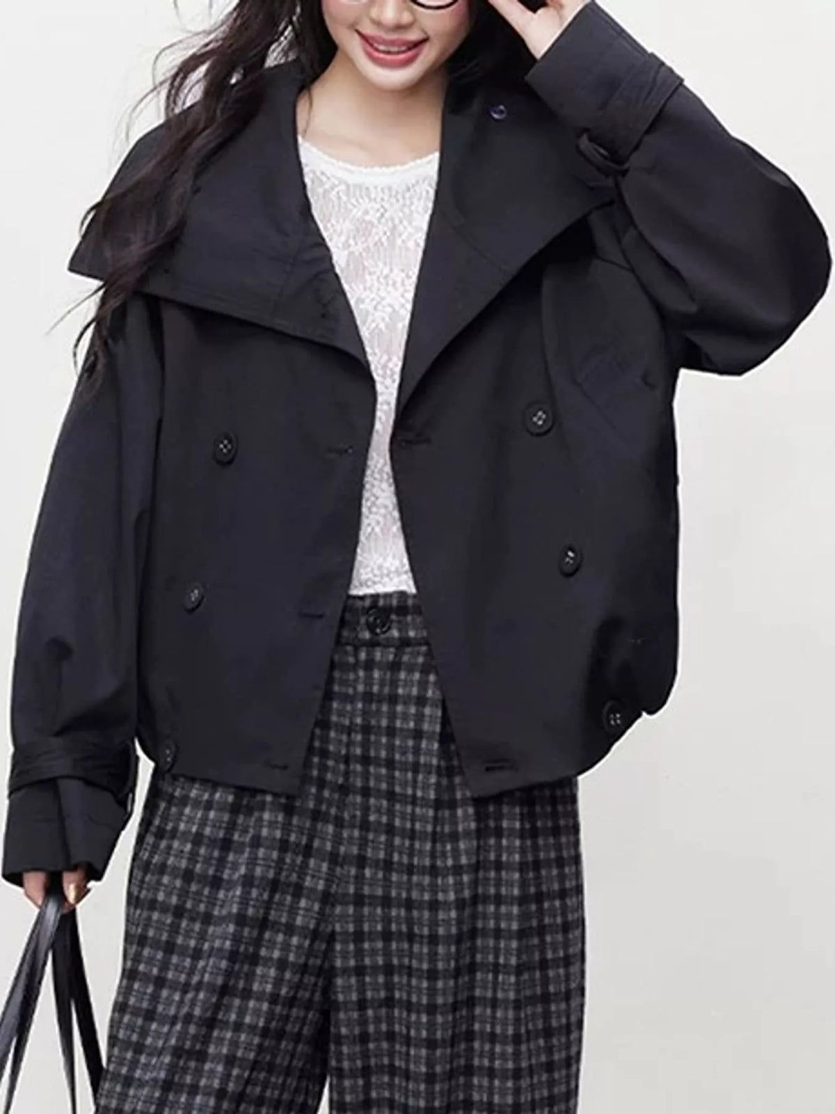 Lapel Double-Breasted Trench Jacket in black-2797