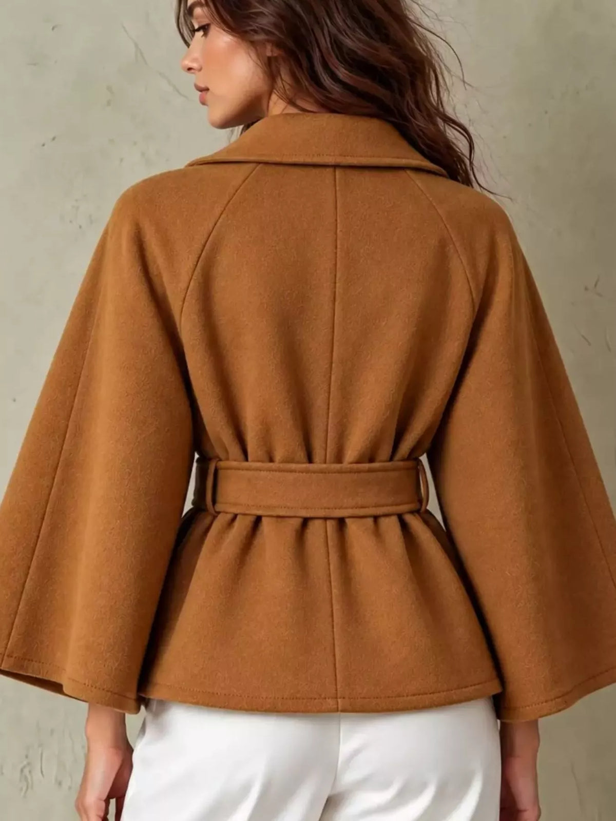 Double-Breasted Cape Coat with Belt, back view in caramel