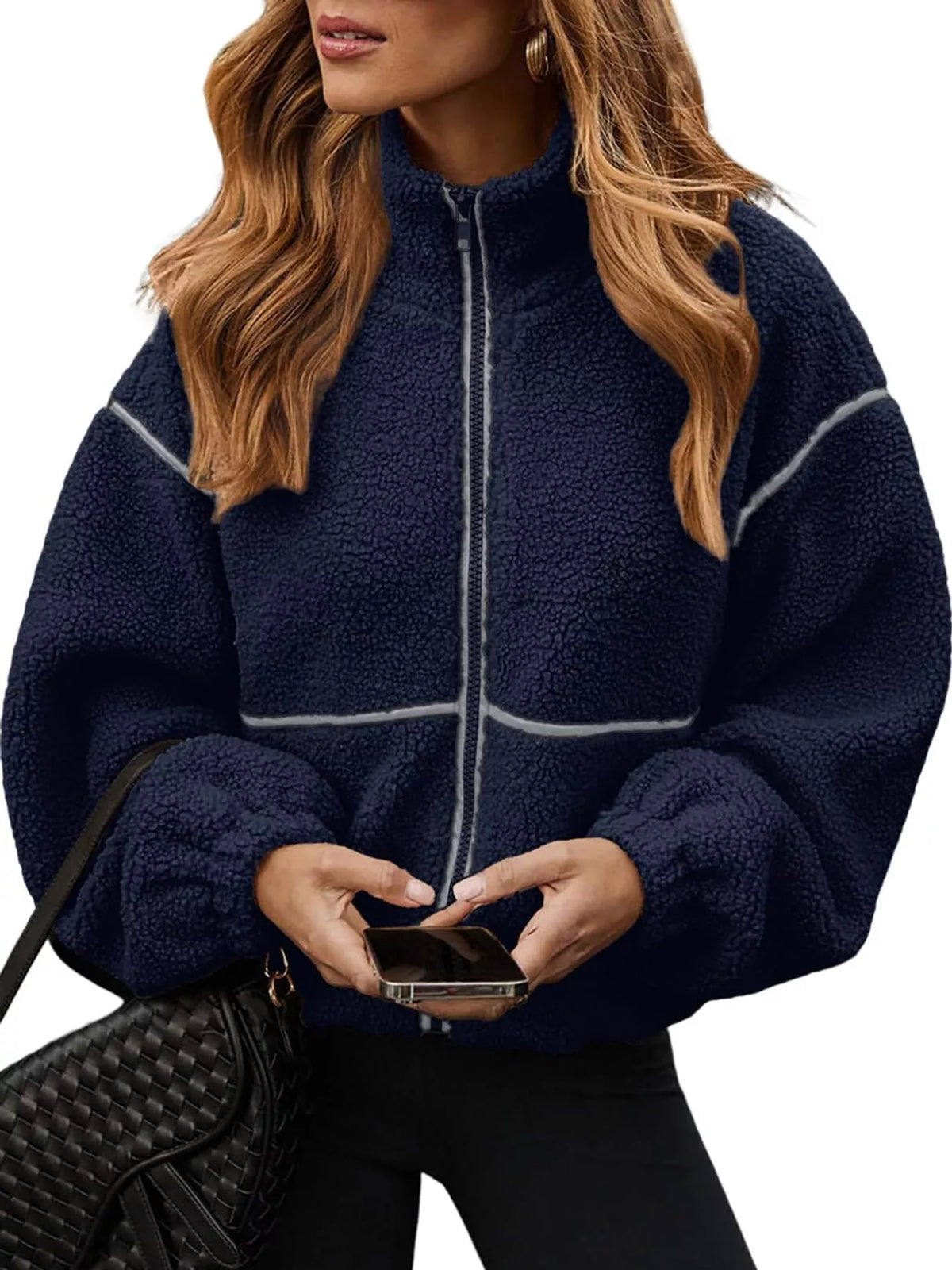 Stand Collar Sherpa Fleece Zip-Up Jacket — front view