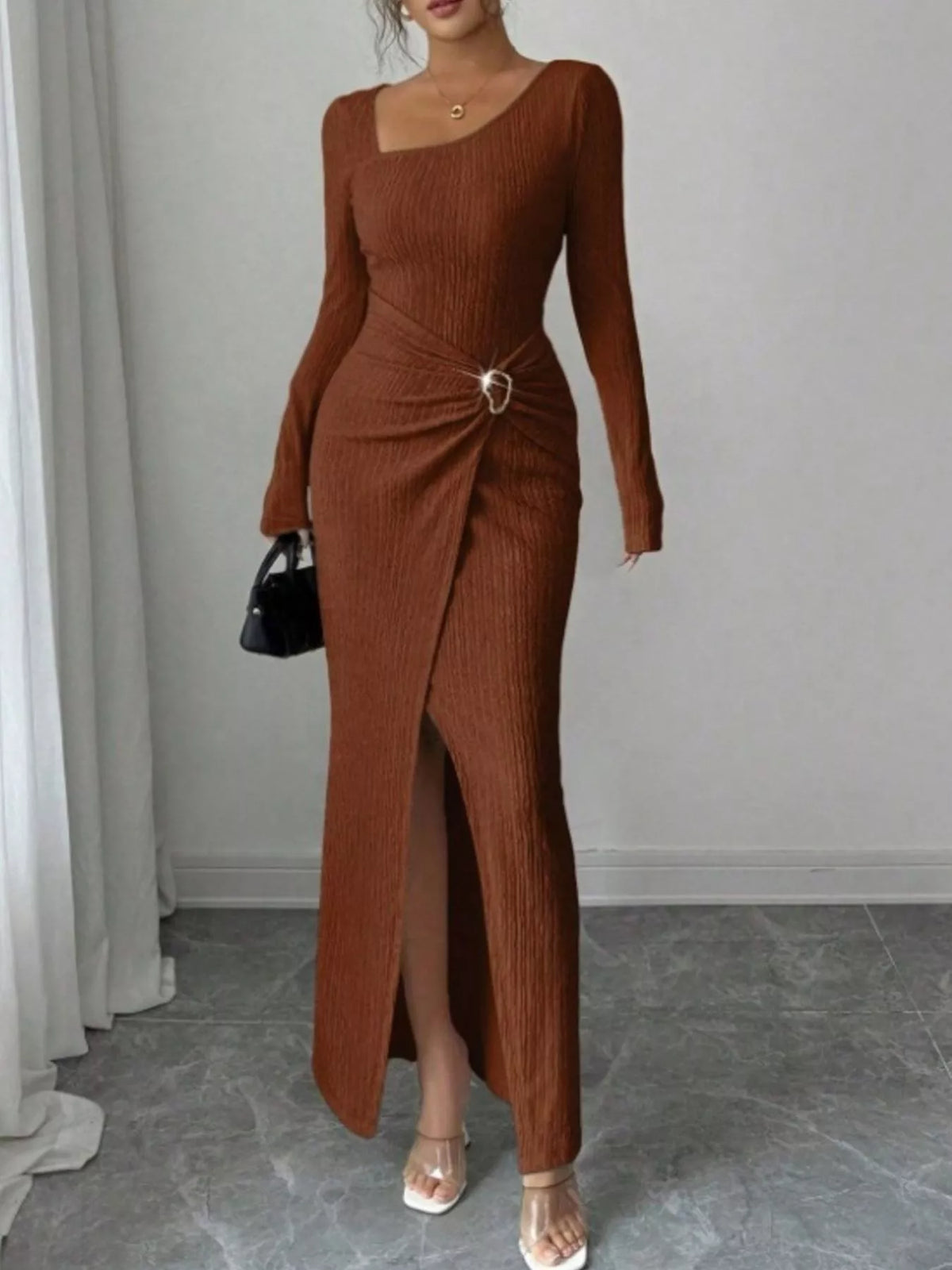 Trendsi Slit Asymmetrical Neck Ribbed Maxi Dress -