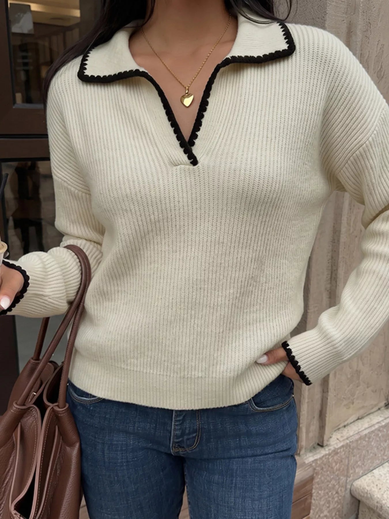 Trendsi Contrast Trim Dropped Shoulder Sweater -