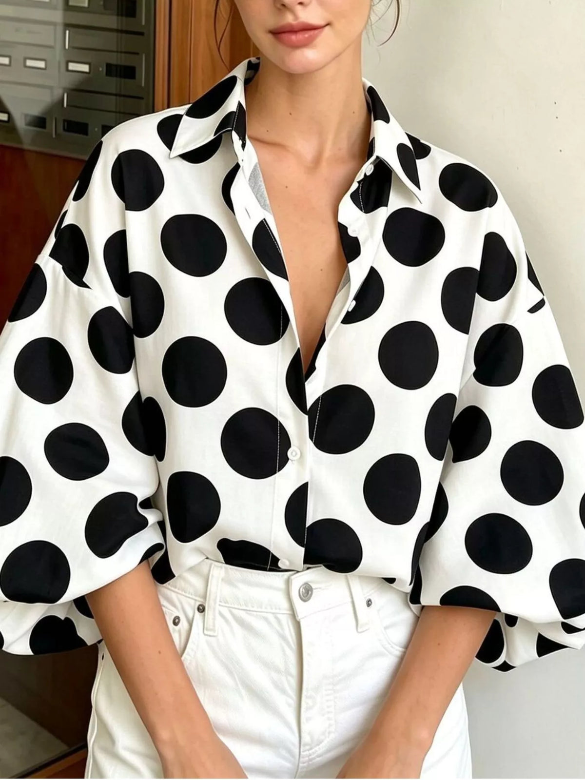 White polka dot puff sleeve shirt