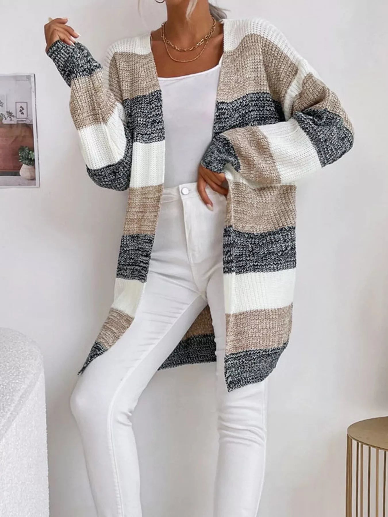 Trendsi Color Block Striped Open Front Longline Cardigan -