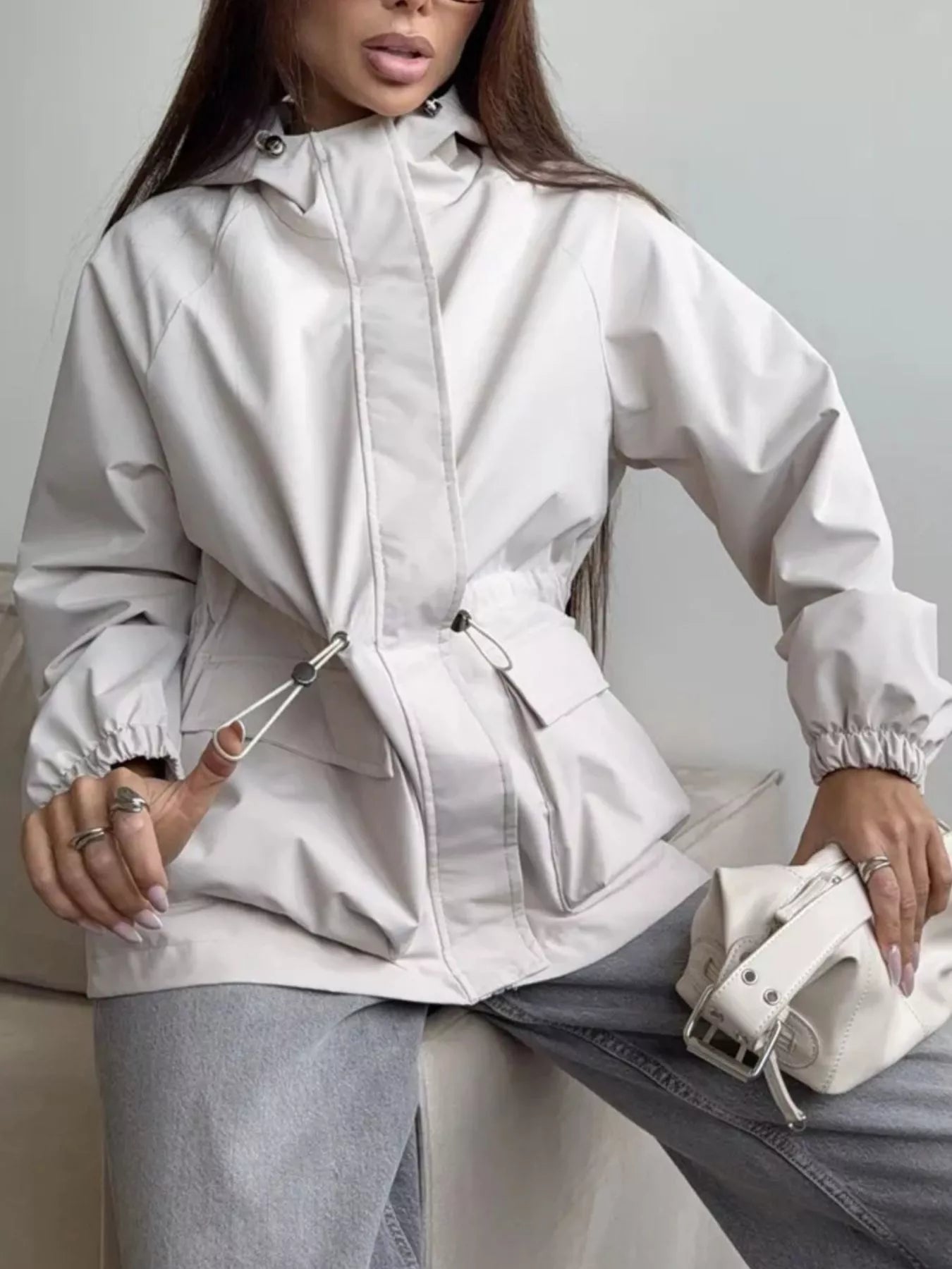 Trendsi Drawstring Waist Hooded Windbreaker Outerwear -