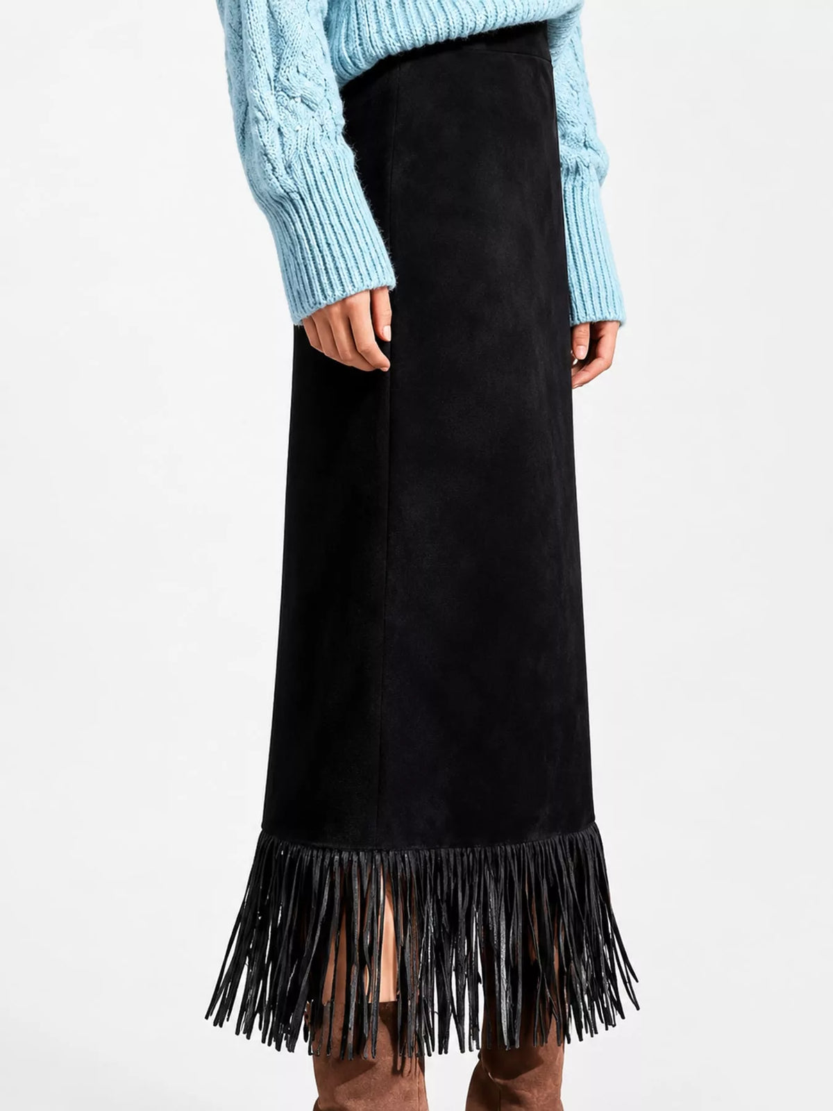 Black fringe midi skirt
