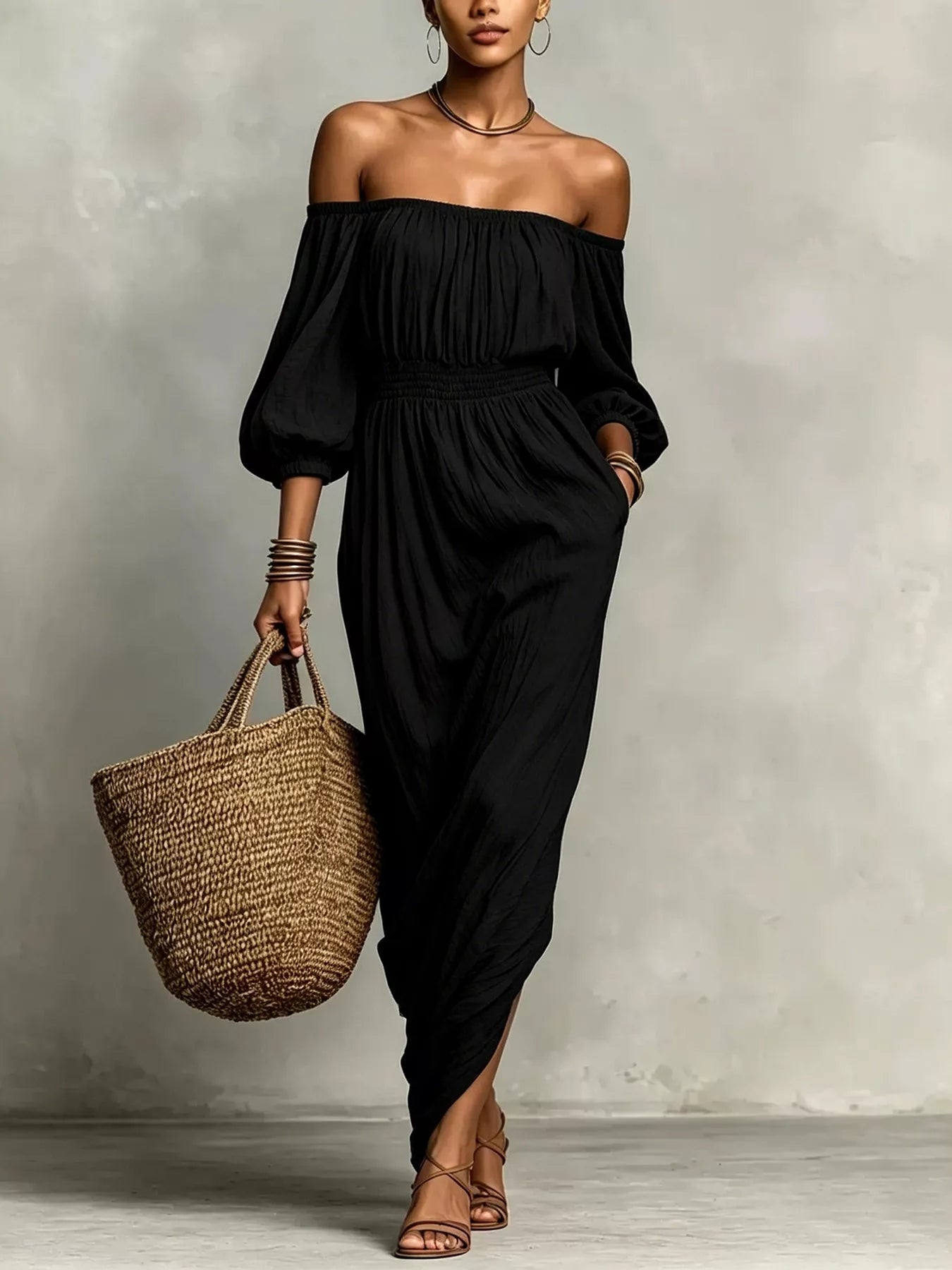 Trendsi t Off-Shoulder Smocked Waist Maxi Dress -