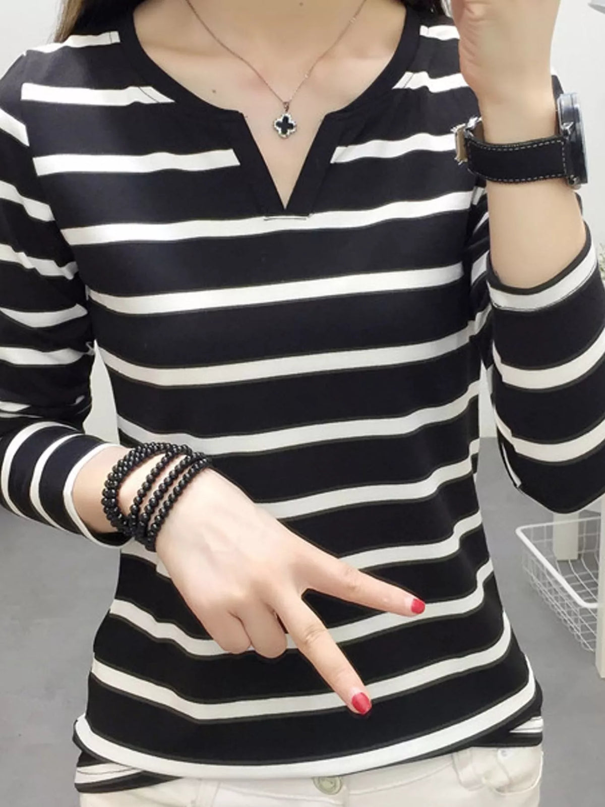 Striped Notched Long Sleeve T-Shirt in black and white