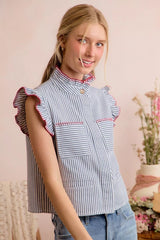 Trendsi SO ME Stripe Twill Stitch Ruffled Hidden Button Vest Top -