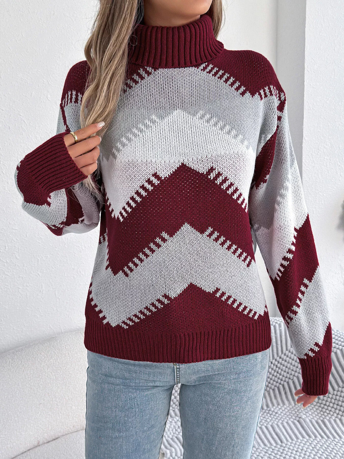 Wine Red chevron pattern turtleneck sweater