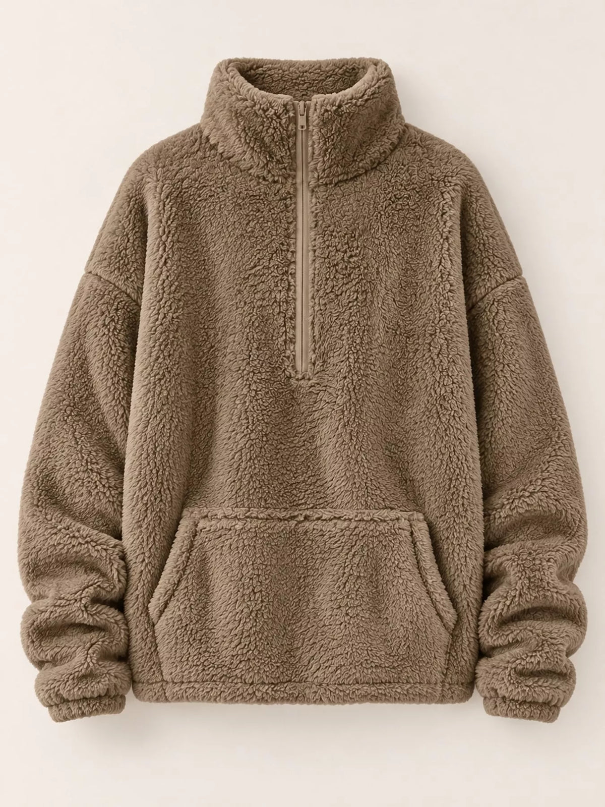 Sherpa quarter-zip sweatshirt, tan hanging front
