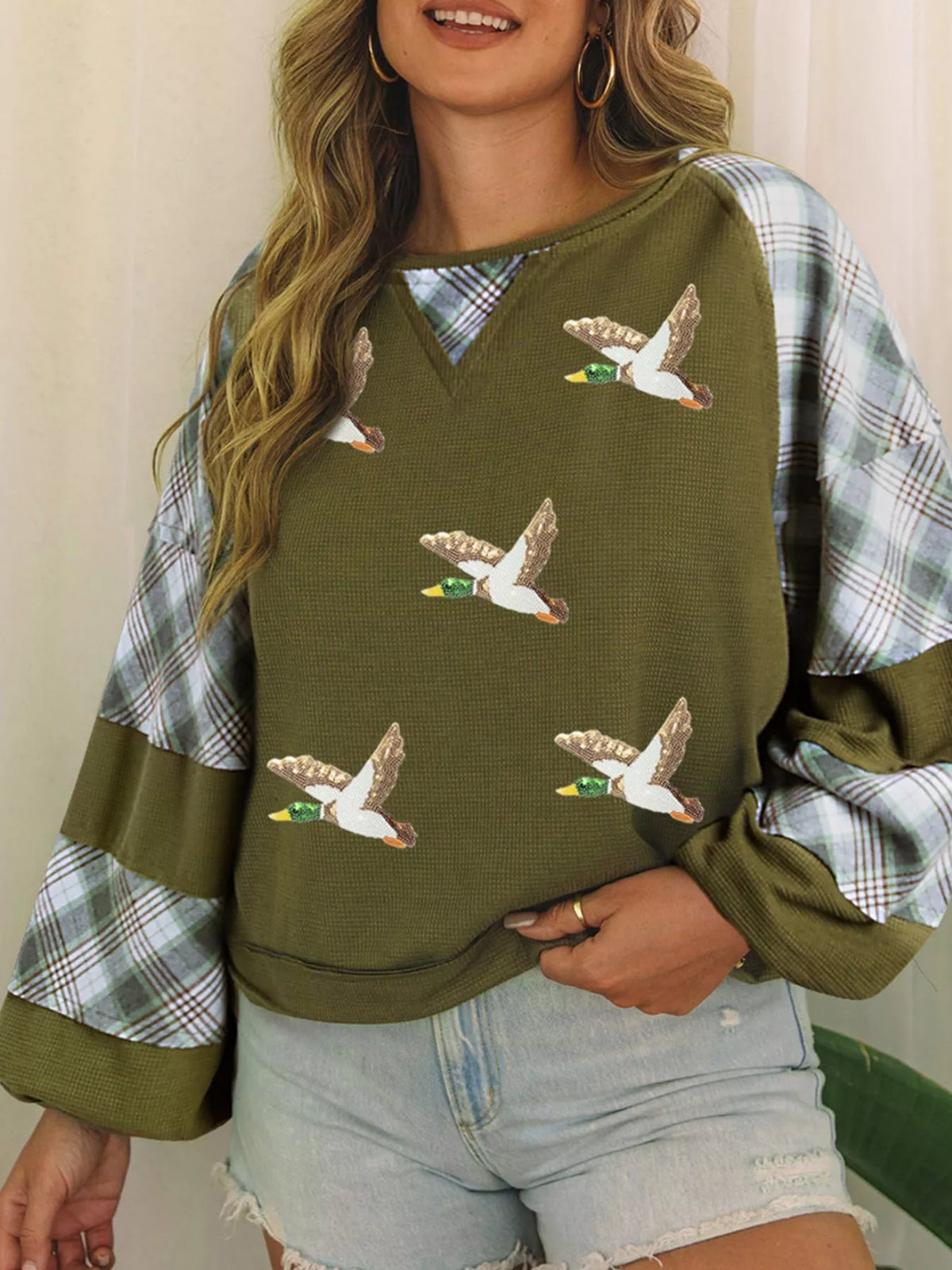 Green mallard print plaid patchwork waffle knit top