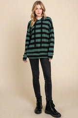 Trendsi BOMBOM Drawstring Striped Dropped Shoulder Hoodie -