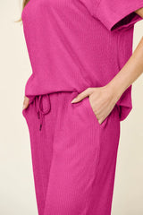 Trendsi Double Take Full Size Texture Round Neck Short Sleeve T-Shirt and Wide Leg Pants -