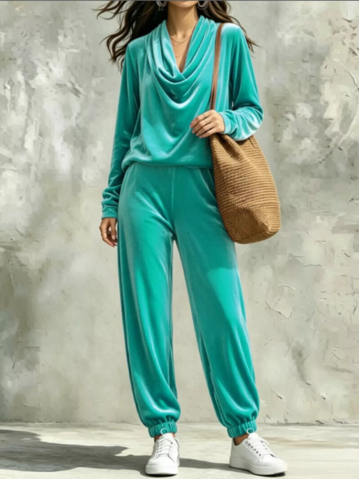 Turquoise velvet cowl neck top and pants set, front view