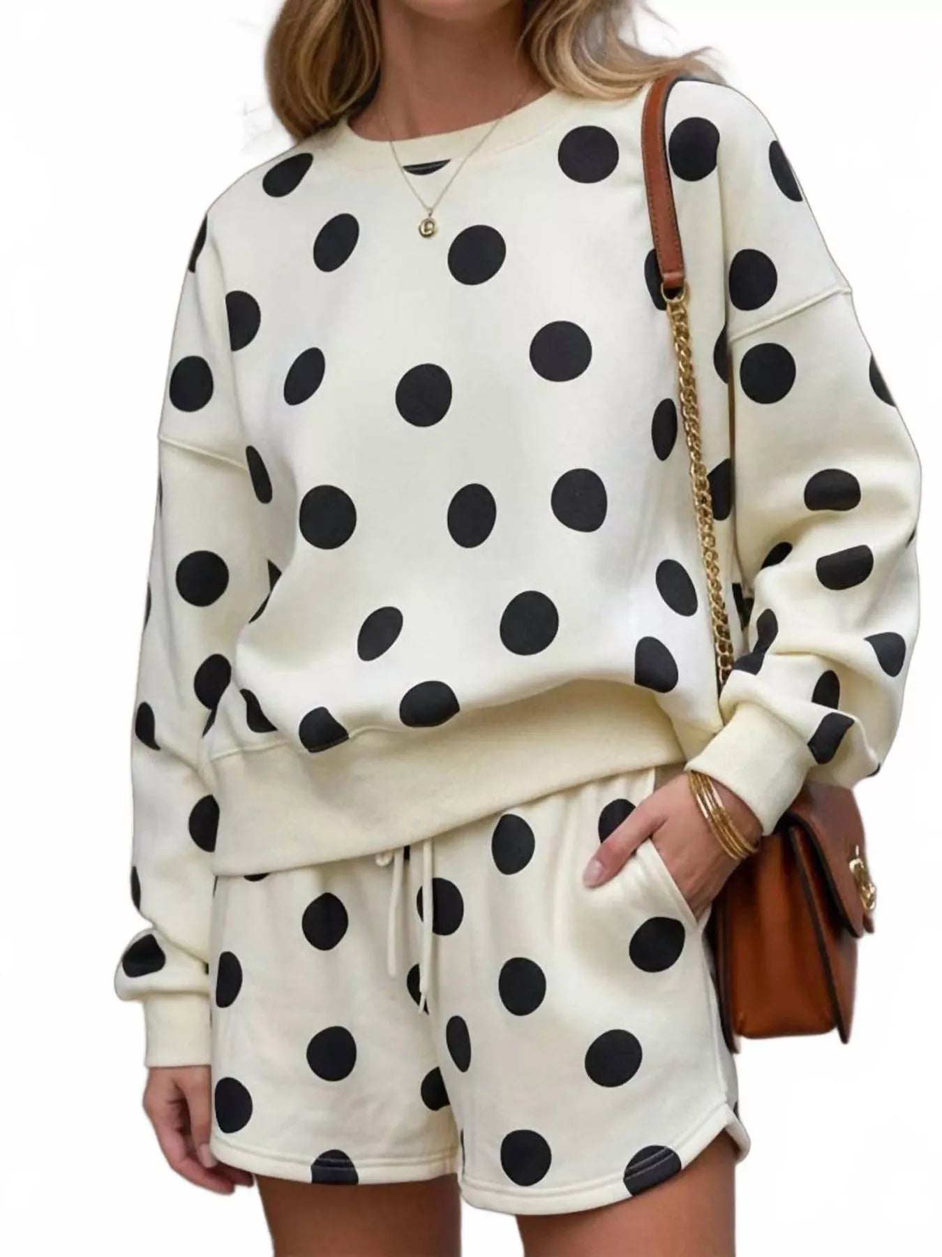 Trendsi Polka Dot Crewneck Sweatshirt and Shorts Set -