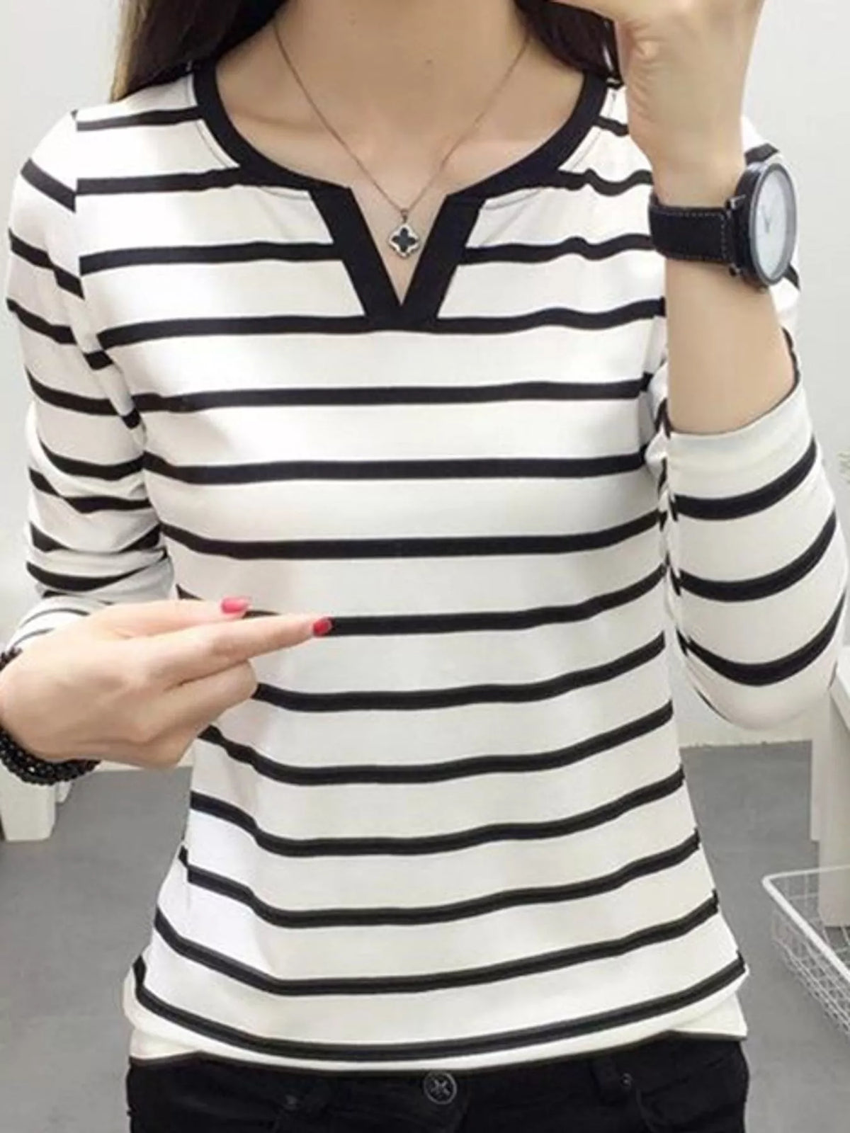 Striped Notched Long Sleeve T-Shirt, detail view in white