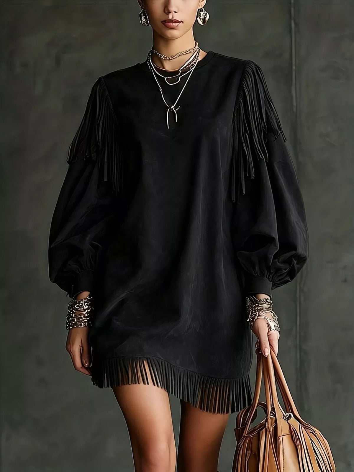 Round neck long sleeve mini dress, front view on model