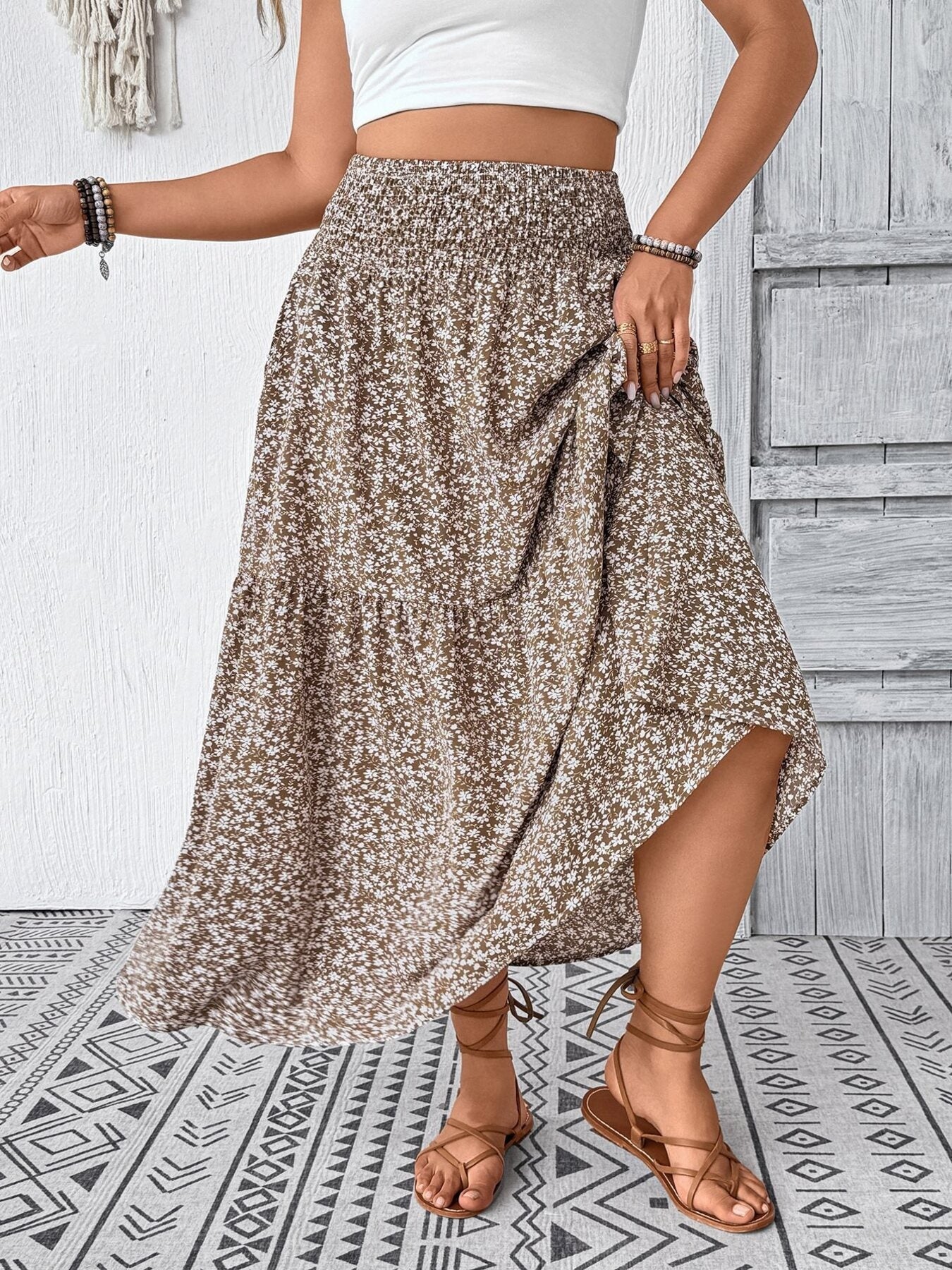 Trendsi Plus Size Floral Print Tiered Skirt -