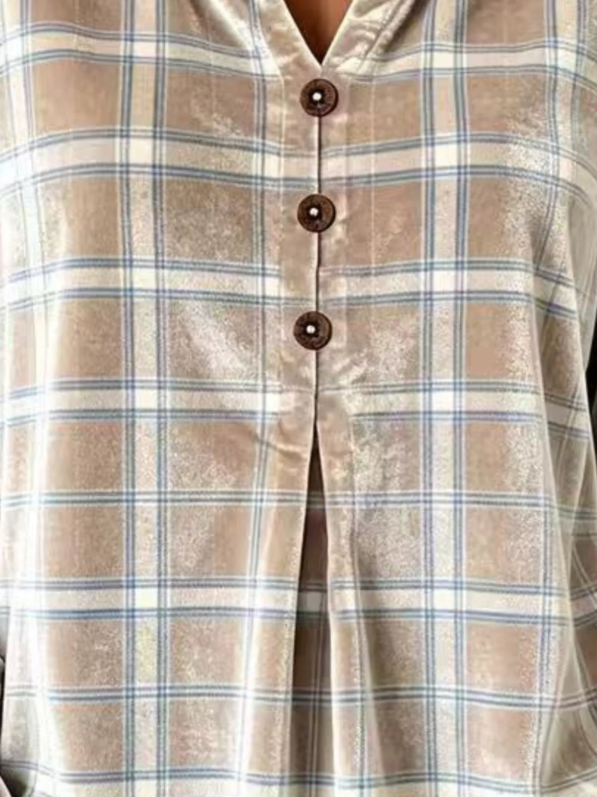 Beige plaid velvet balloon-sleeve blouse, buttons and plaid close-up