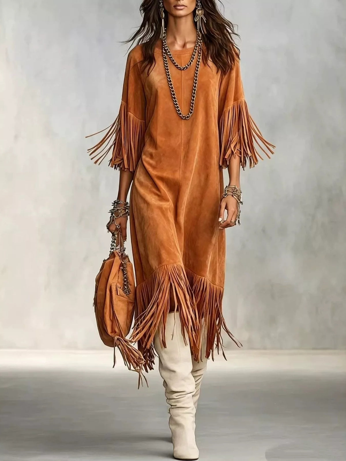 Orange fringed asymmetric-hem midi dress, full front view