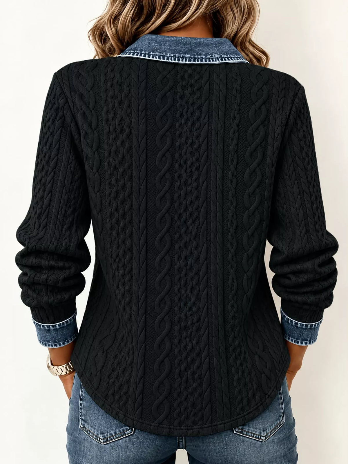Contrast Denim Trim Textured Button-Down Shirt — back view