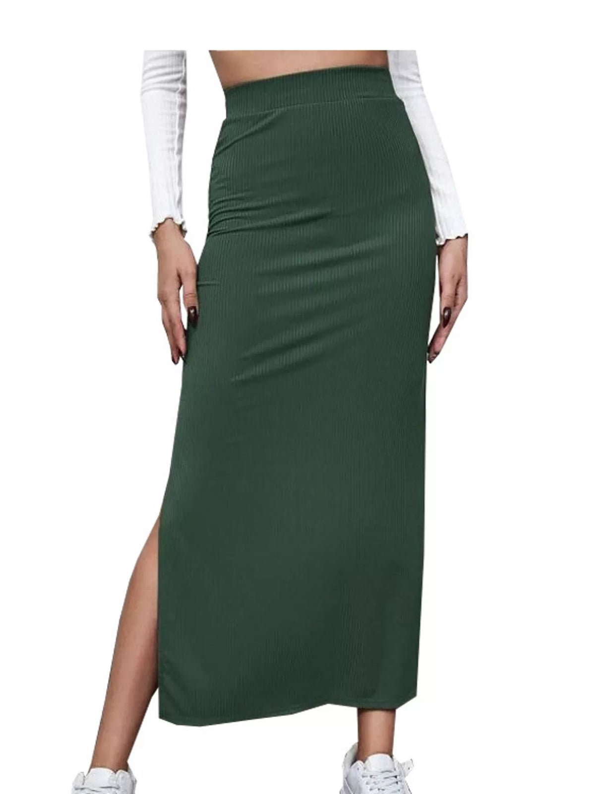 Green side slit skirt — front view