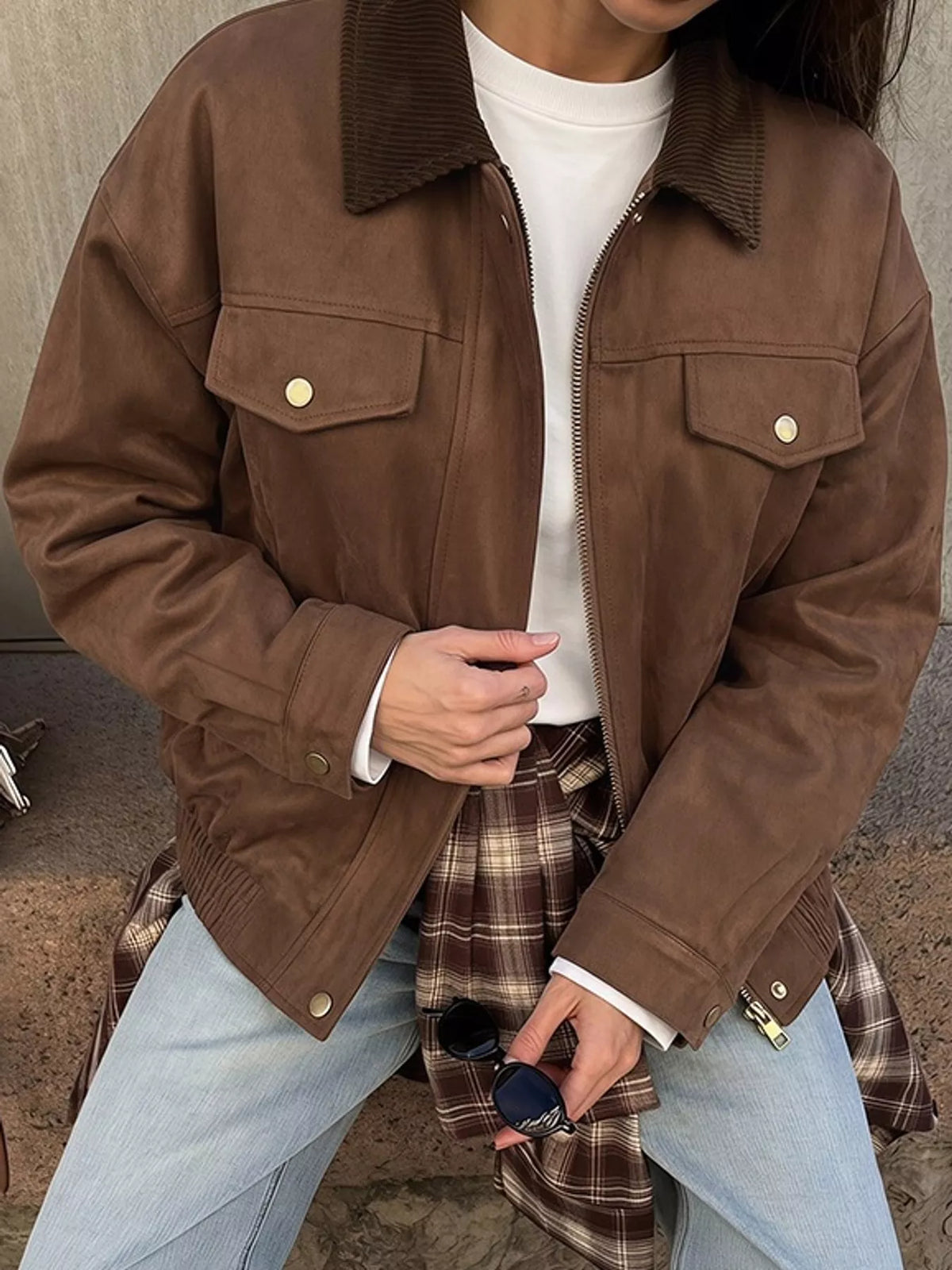 Brown zip-up dropped shoulder jacket — front view