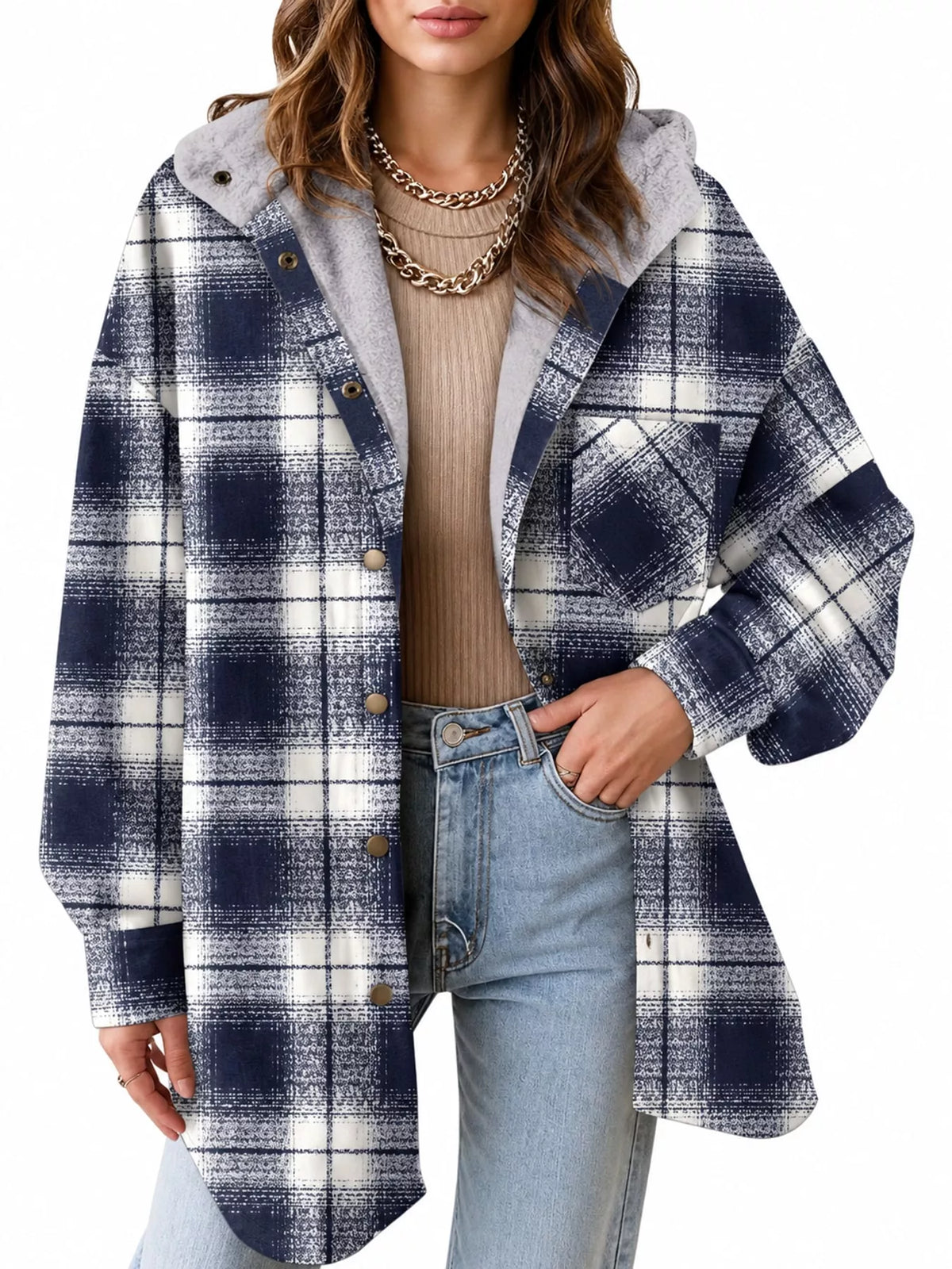 Navy Blue plaid hooded button up jacket