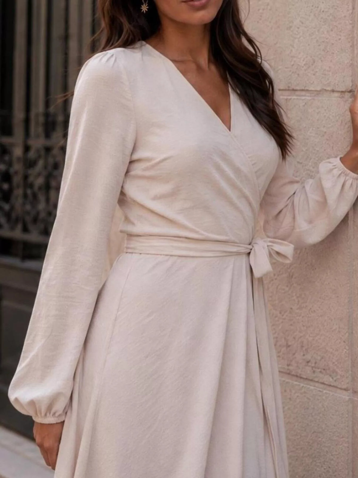 Beige long sleeve wrap dress with waist tie