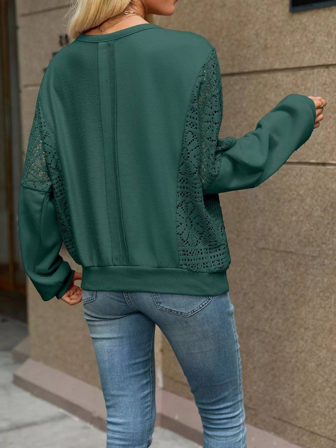 Trendsi Lace Sleeve Crew Neck Sweatshirt -