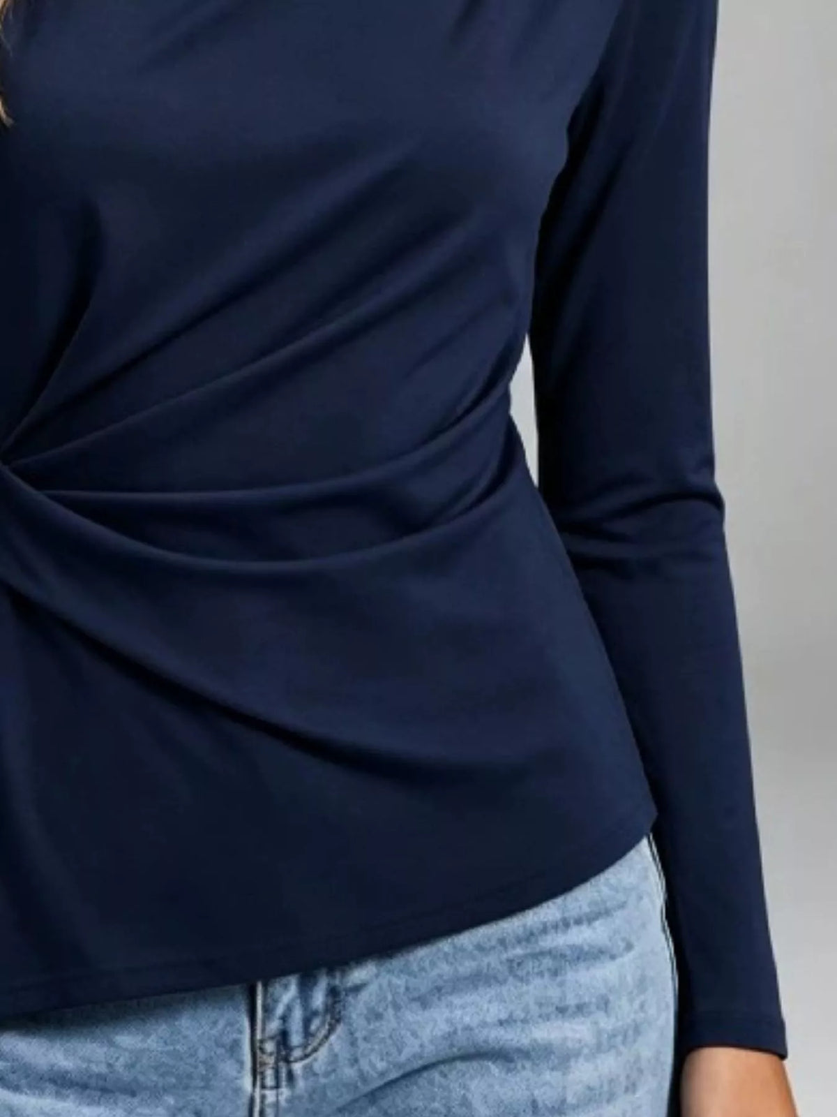 Women's Ruched Waist Long Sleeve T-Shirt in navy — waist detail view