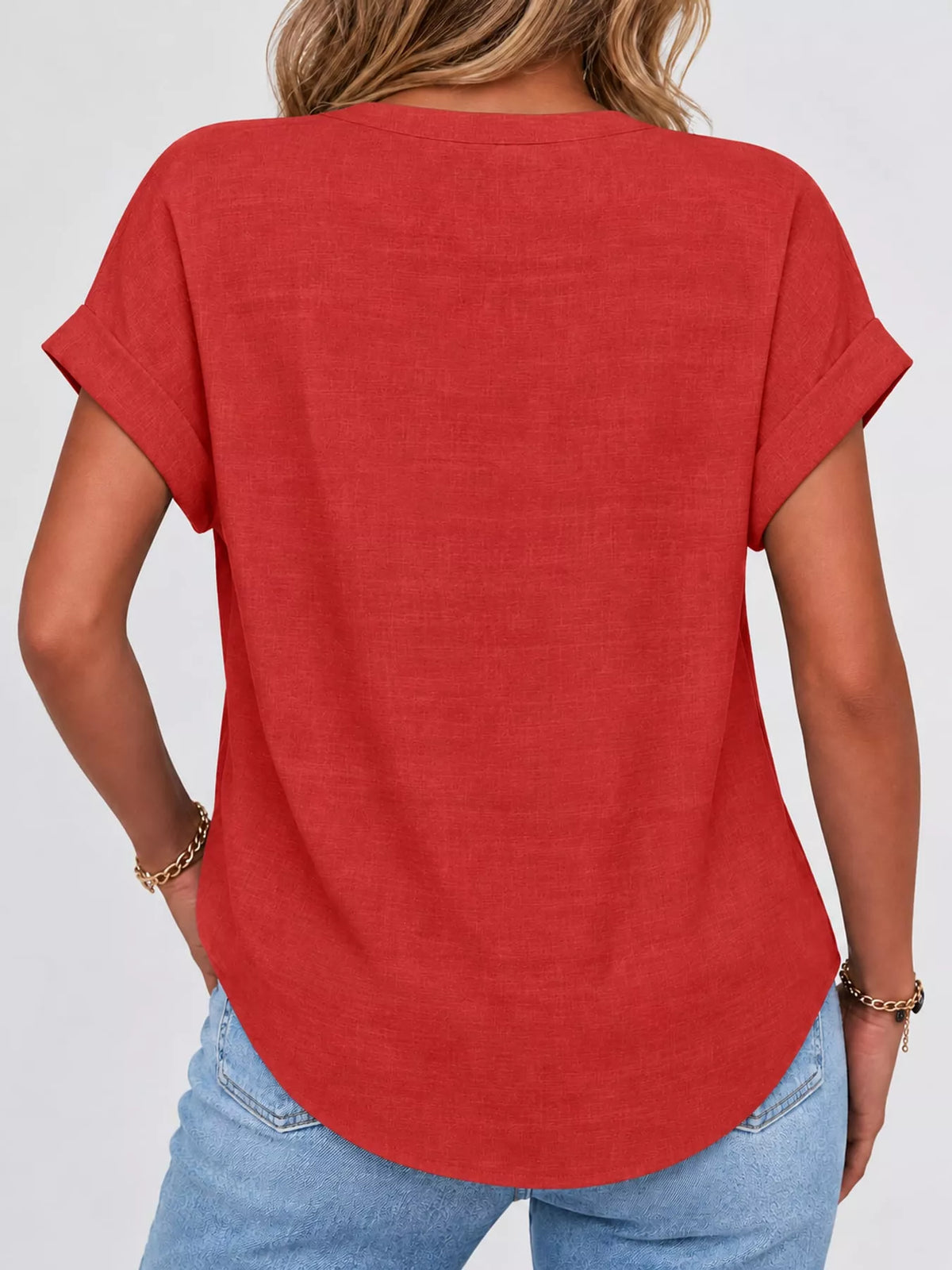 Red button detail short sleeve blouse, back view