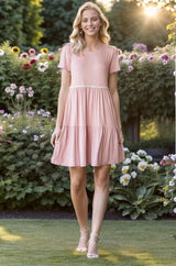 Trendsi Heimish Full Size Solid Mini Tiered Dress with Pompom Lace Plus Size -