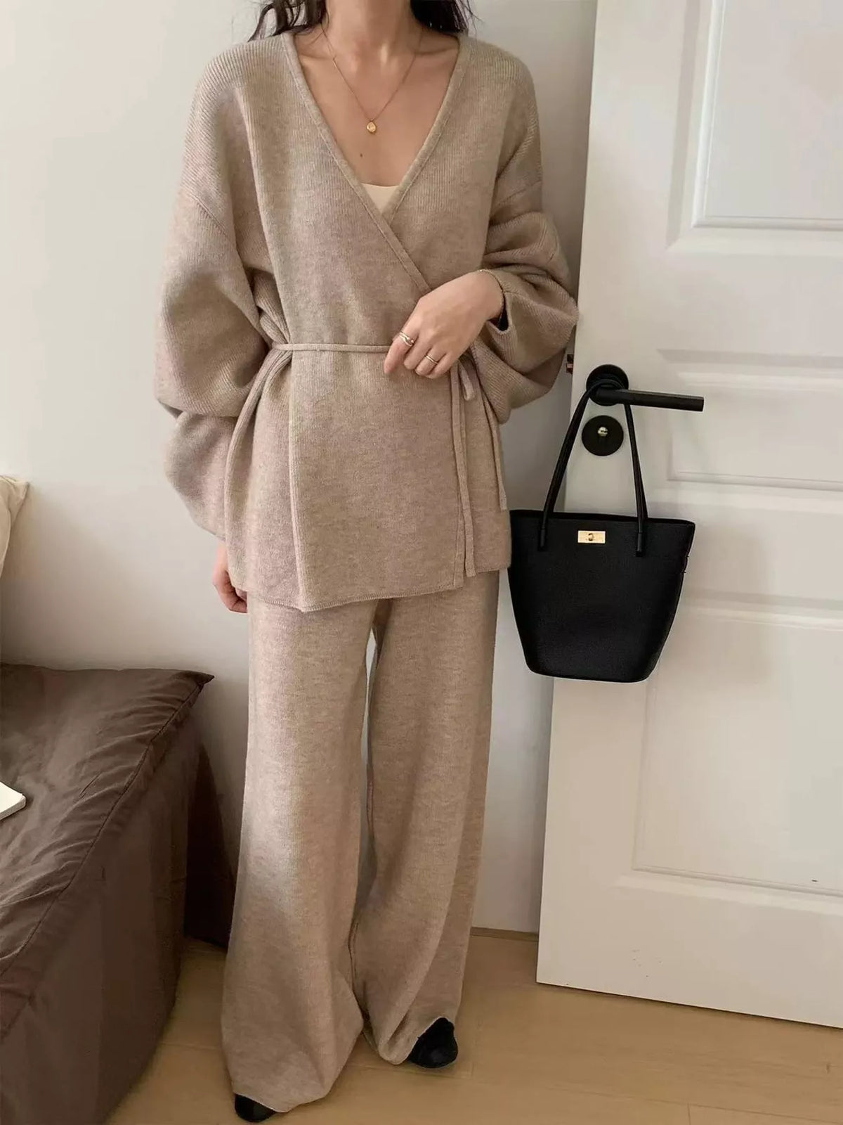 V-Neck Wrap Cardigan and Wide-Leg Pants Sweater Set in taupe