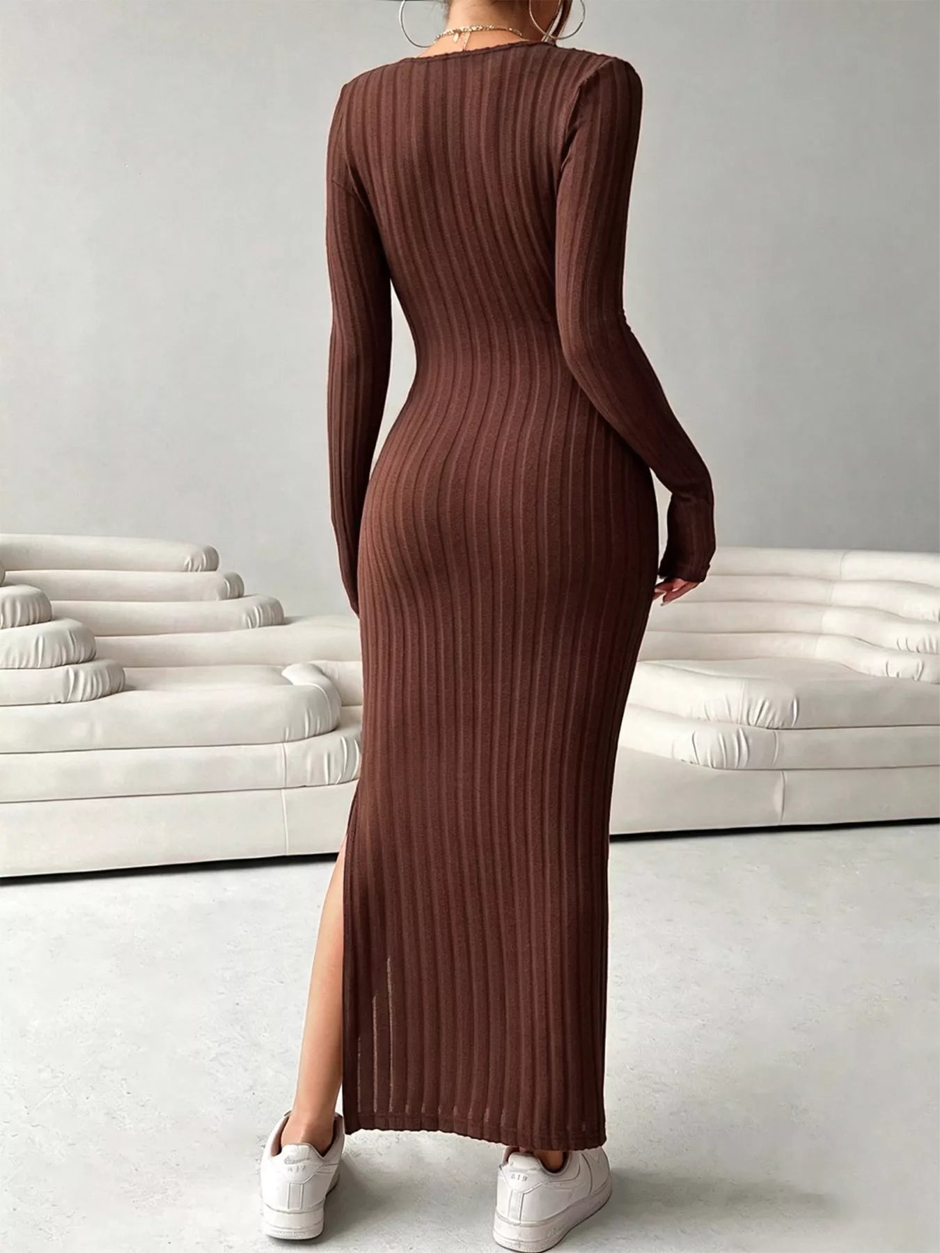 Slit long sleeve ribbed-knit maxi dress