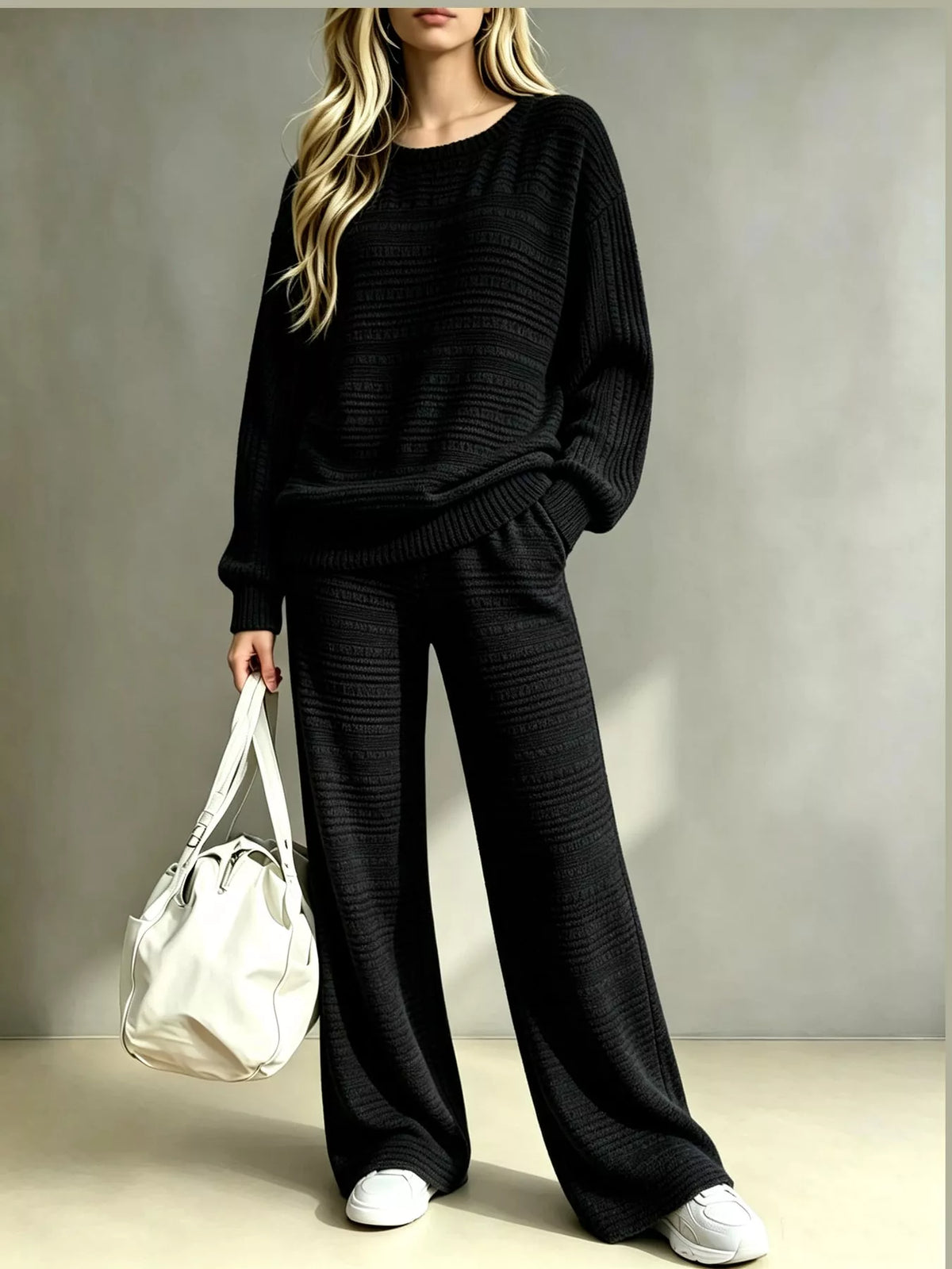 Ribbed Knit Top and Wide-Leg Pants Set — front view