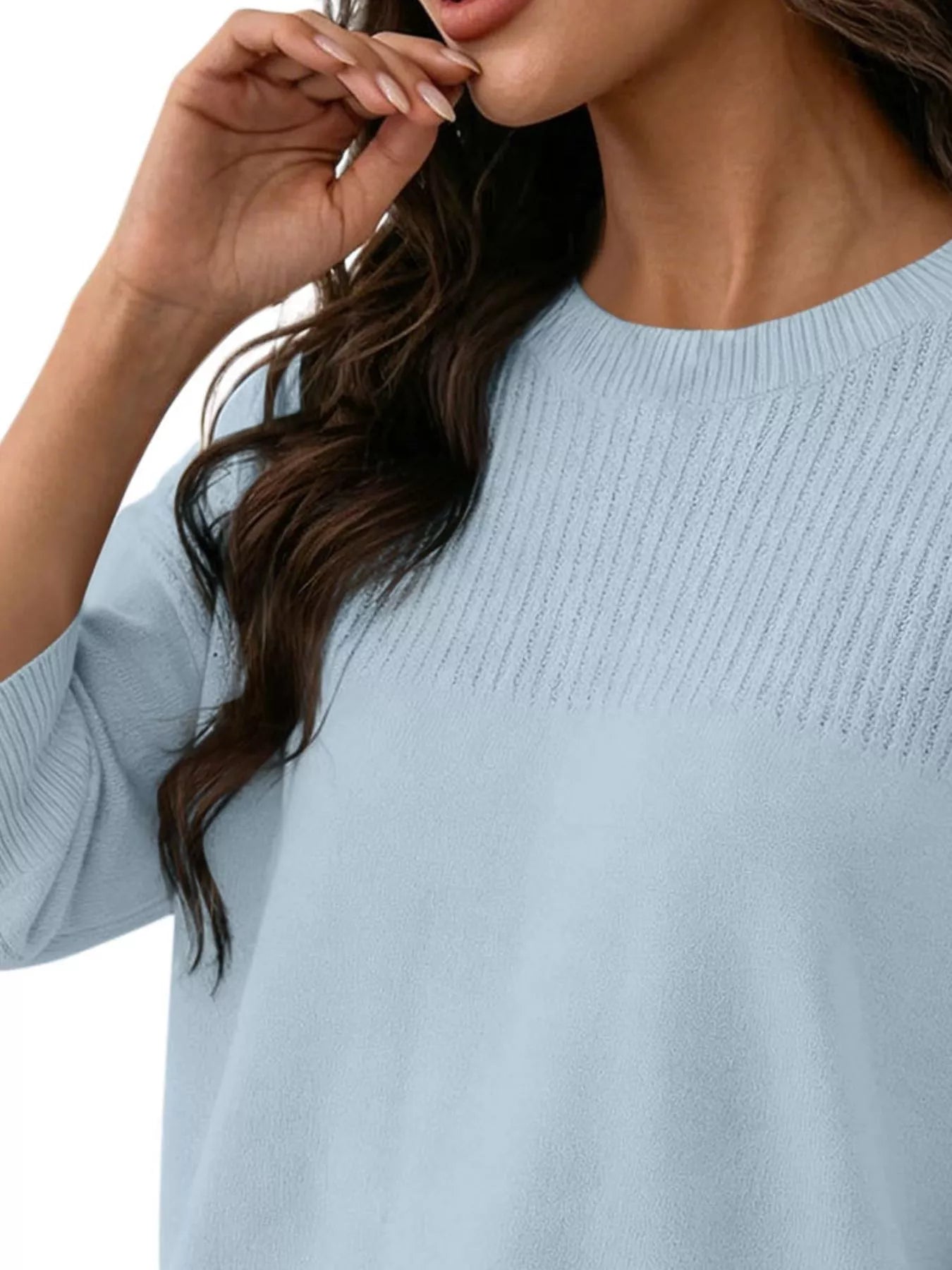 Trendsi Elegant Crew Neck Eyelet Ribbed Sweater -
