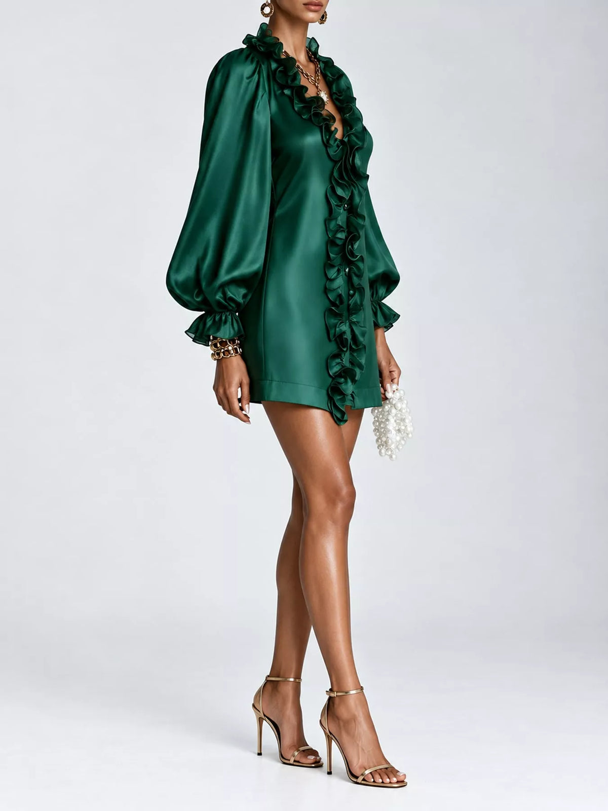 Ruffle Trim Puff Sleeve Mini Dress in green, side view