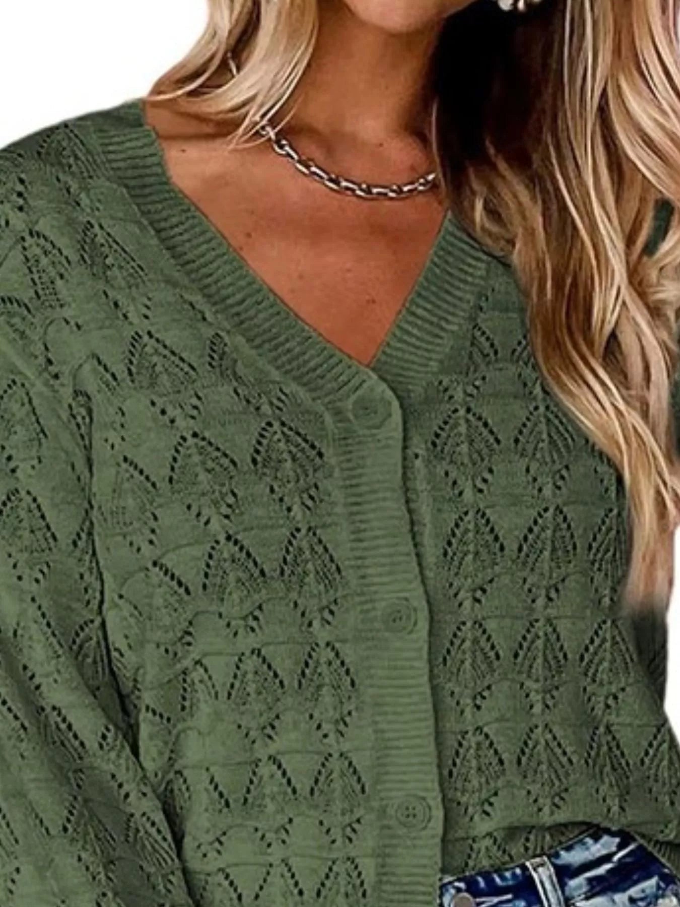 Trendsi Chic V-Neck Openwork Button-Down Knit Cardigan -