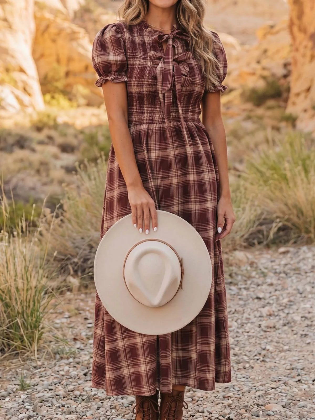 Plaid smocked dress, brown plaid angled front