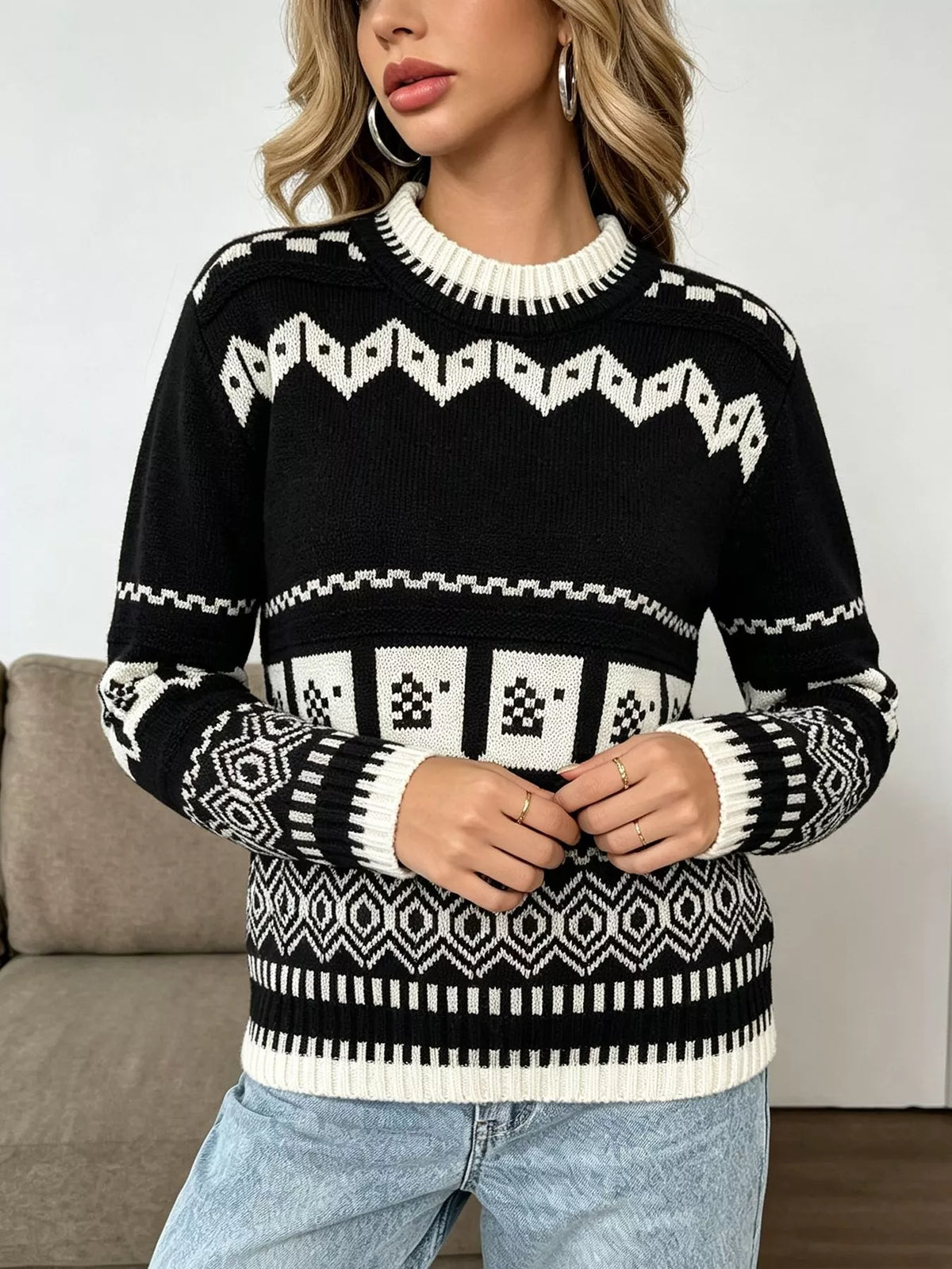 Black and white christmas fair isle crewneck sweater, front detail.