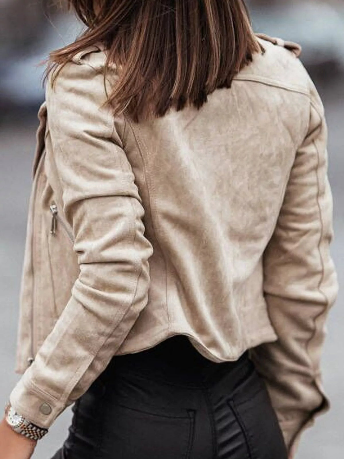 Beige asymmetrical zipper long sleeve jacket — back view