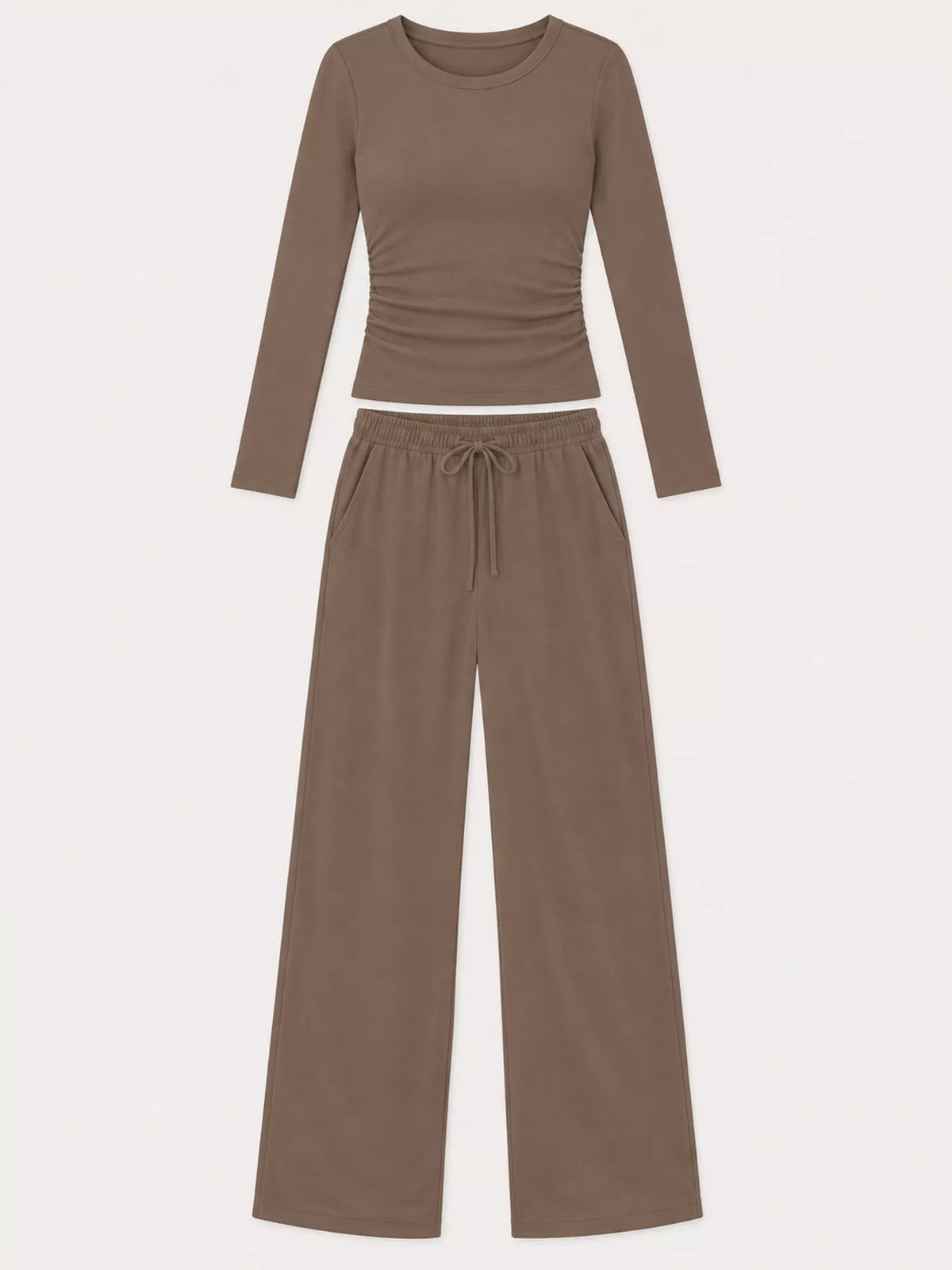 Long Sleeve Top and Wide-Leg Drawstring Pants Set — garment front