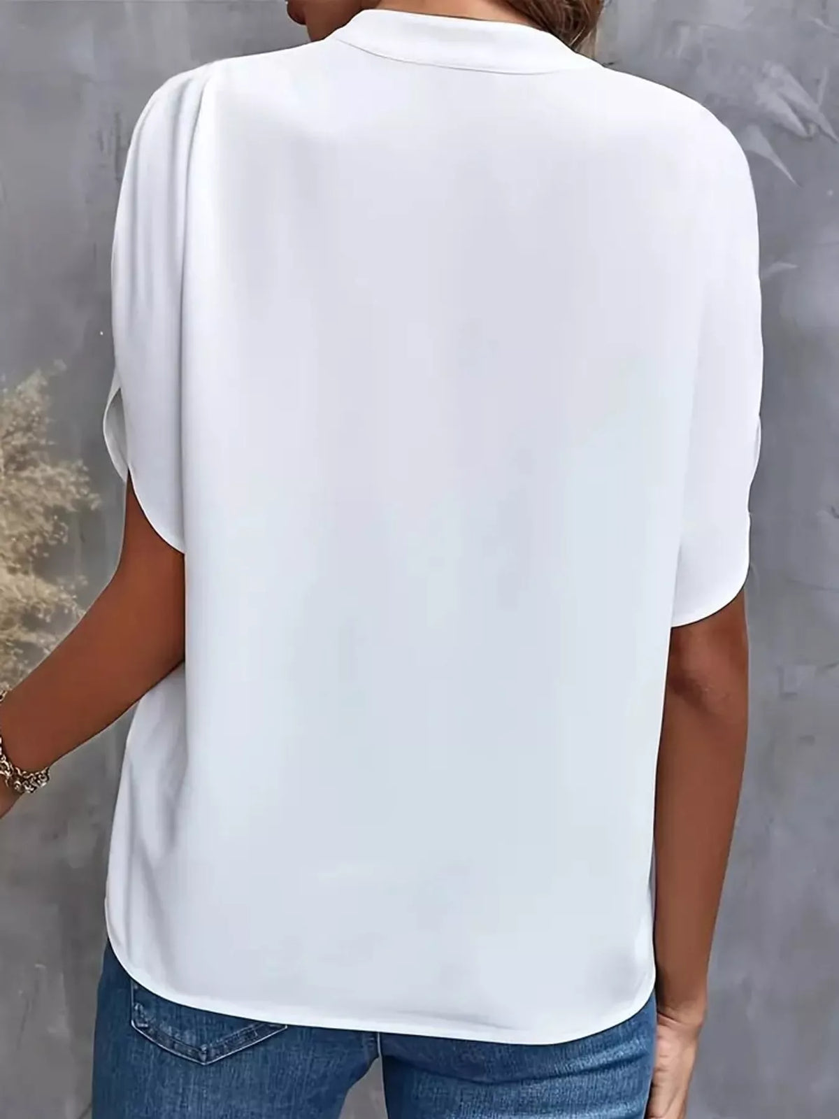 Women's Notched Slit Short Sleeve Blouse in white — back view