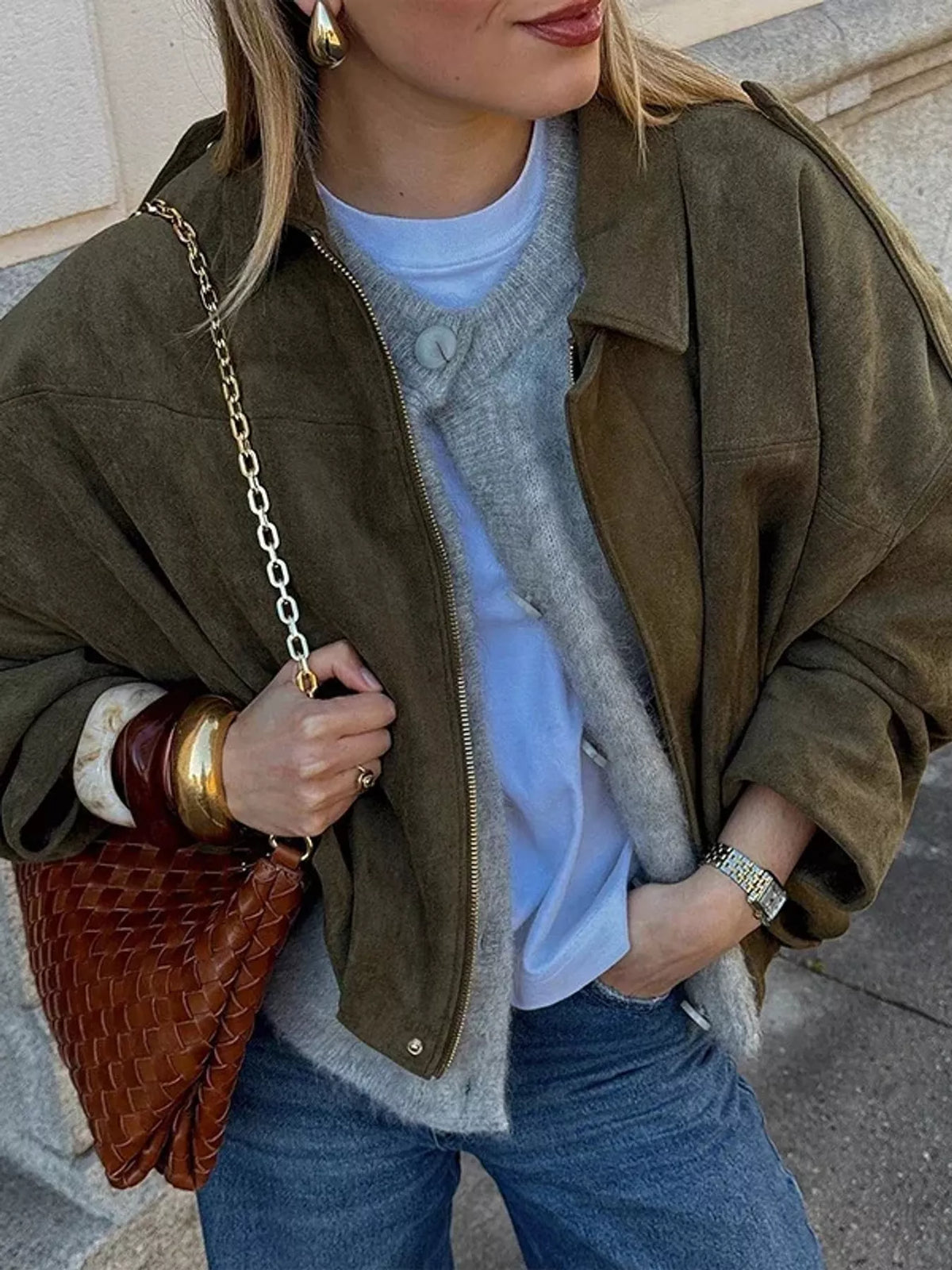 Oversized zip jacket, olive open front