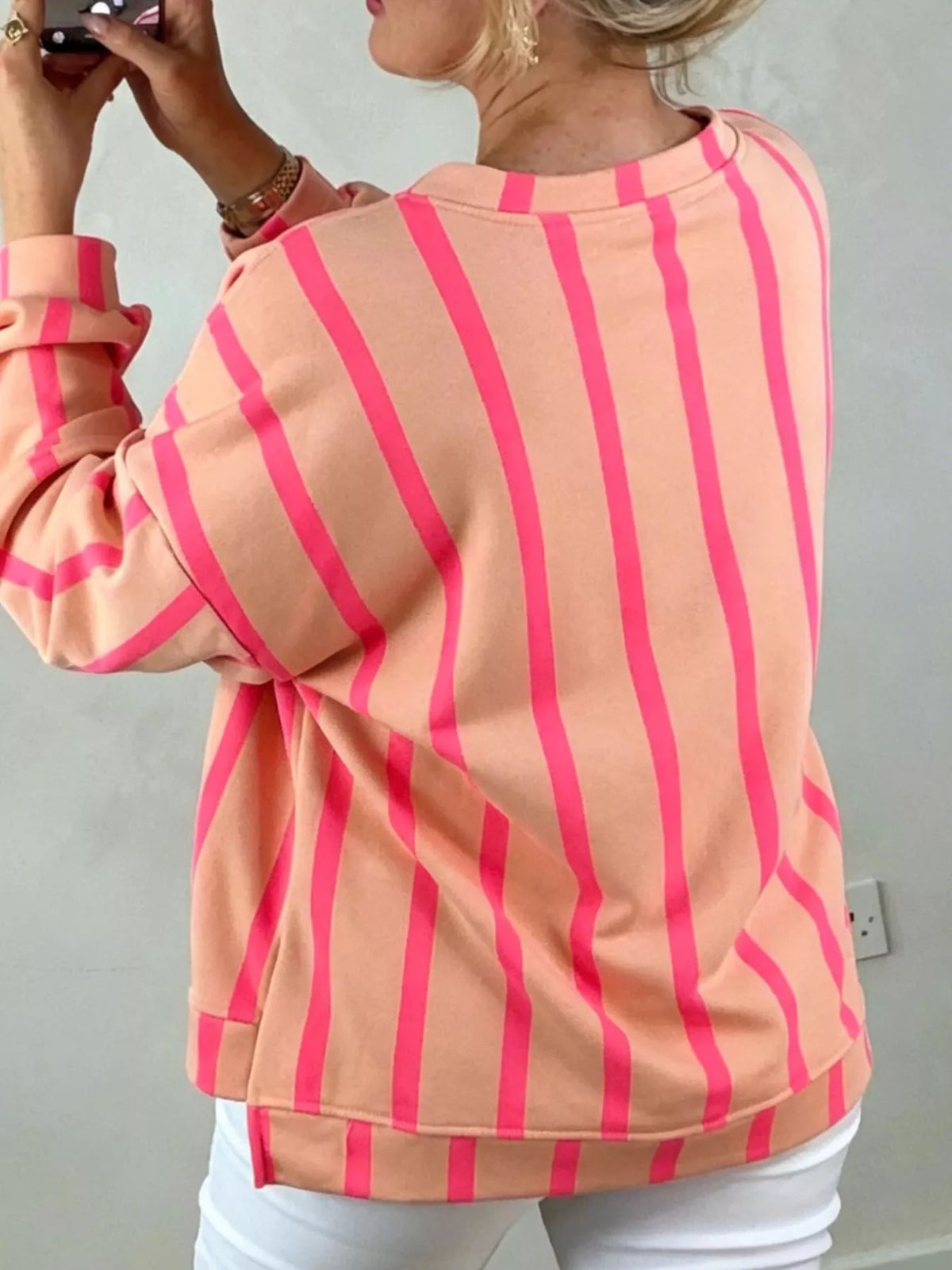 Watermelon pink stripe dropped shoulder round neck sweatshirt, back view