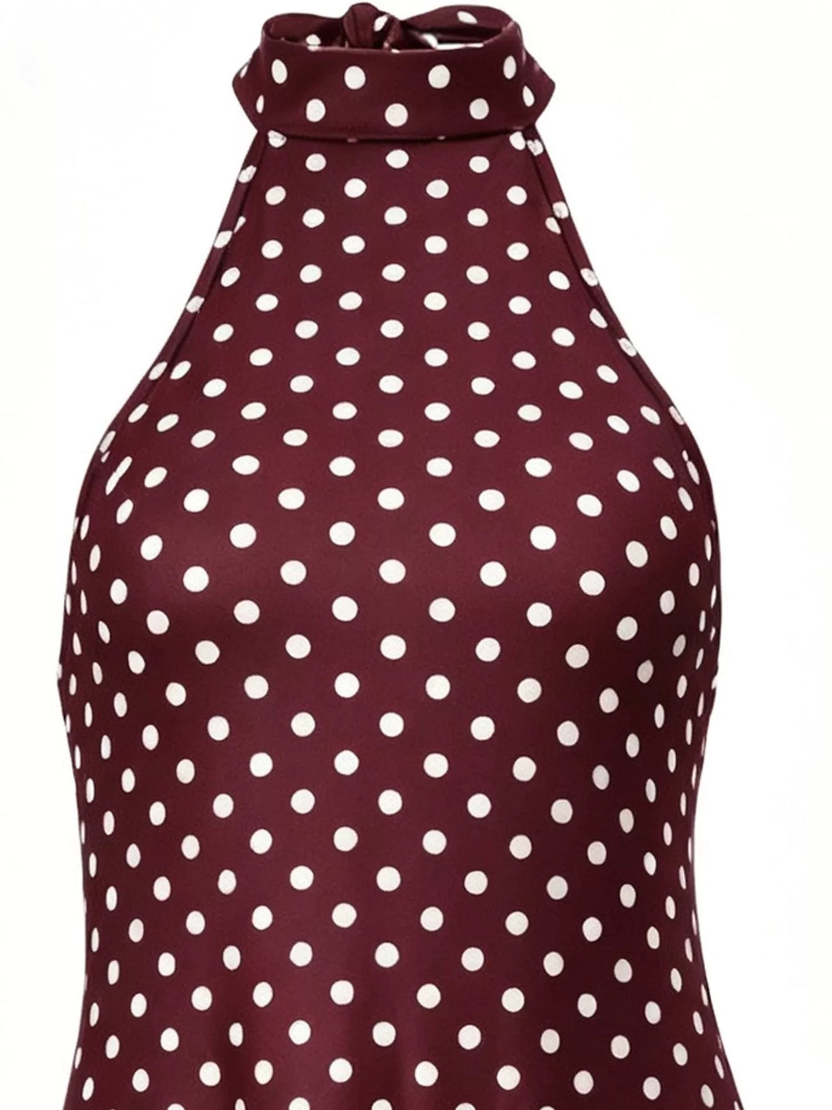 Brown and white polka dot halter neck mini dress, detail view