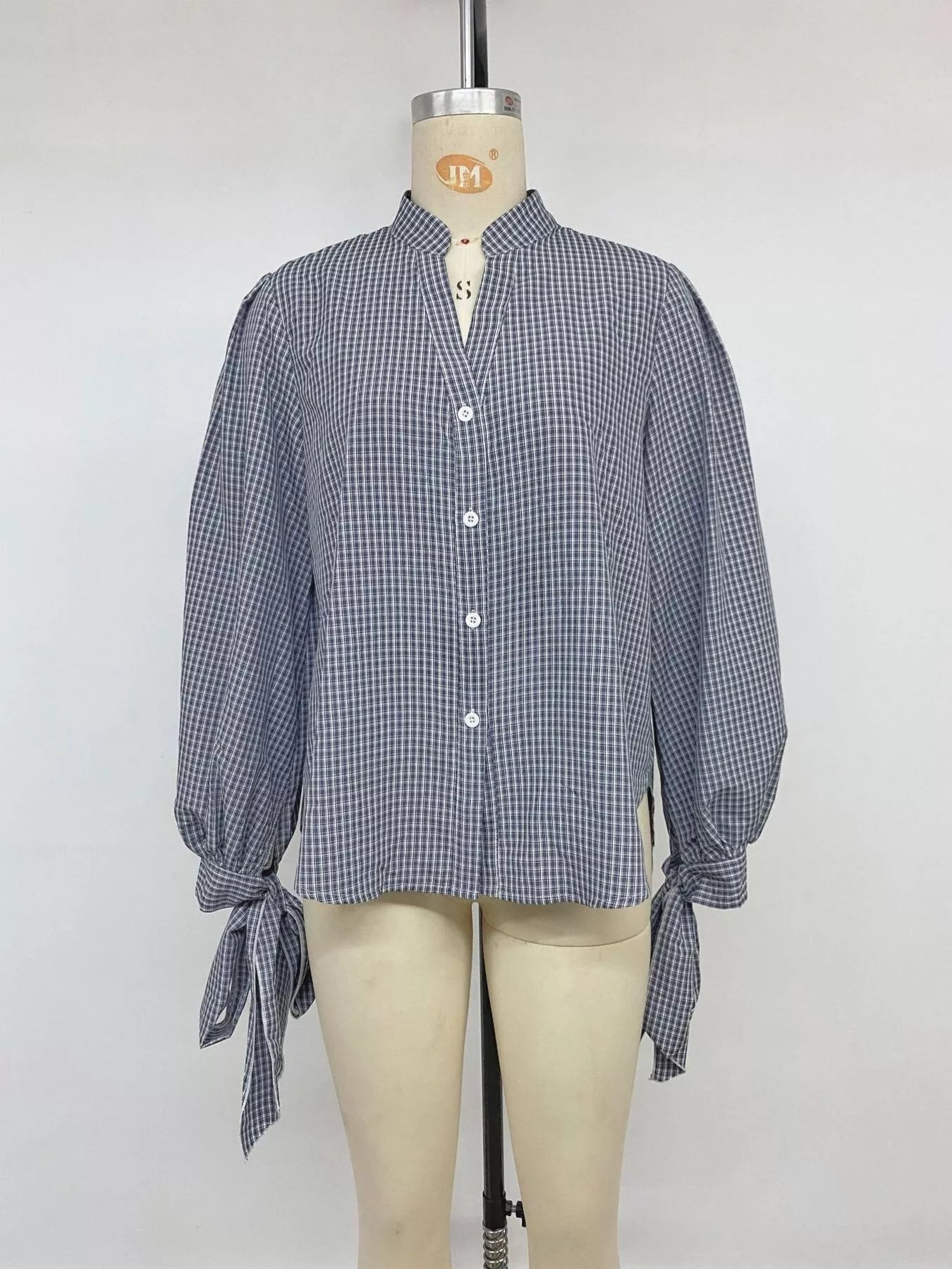 Trendsi Gingham Button Up Shirt with Tie-Sleeve Detail -